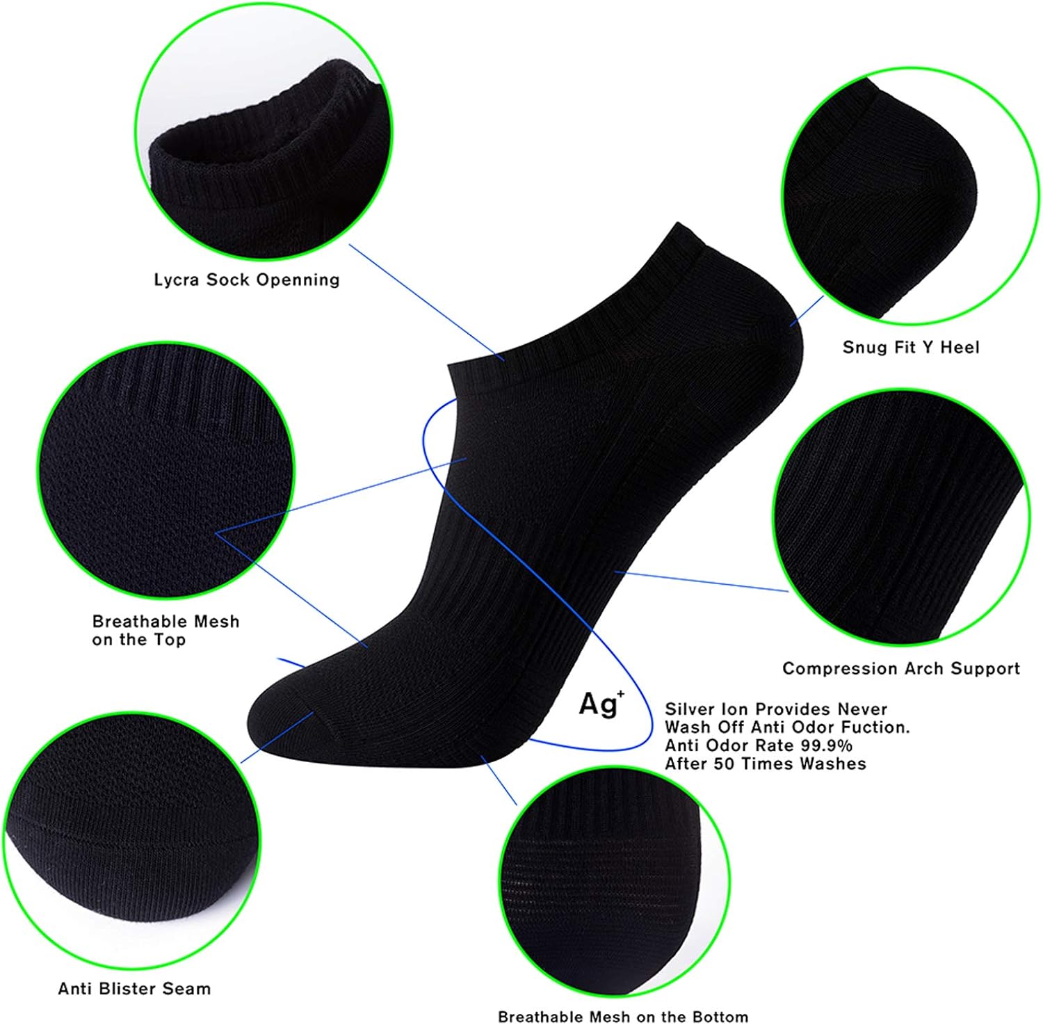 Mens Anti Odor Moisture Wicking Seamless Breathable Casual No Show Socks