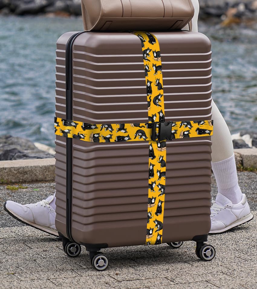 Image of WIRESTER Set of 2 Adjustable Luggage Straps with Buckle, Travel Secure Belt for Suitcase Baggage, Luggage Accessories - Black White Tuxedo Cat Playful Postures