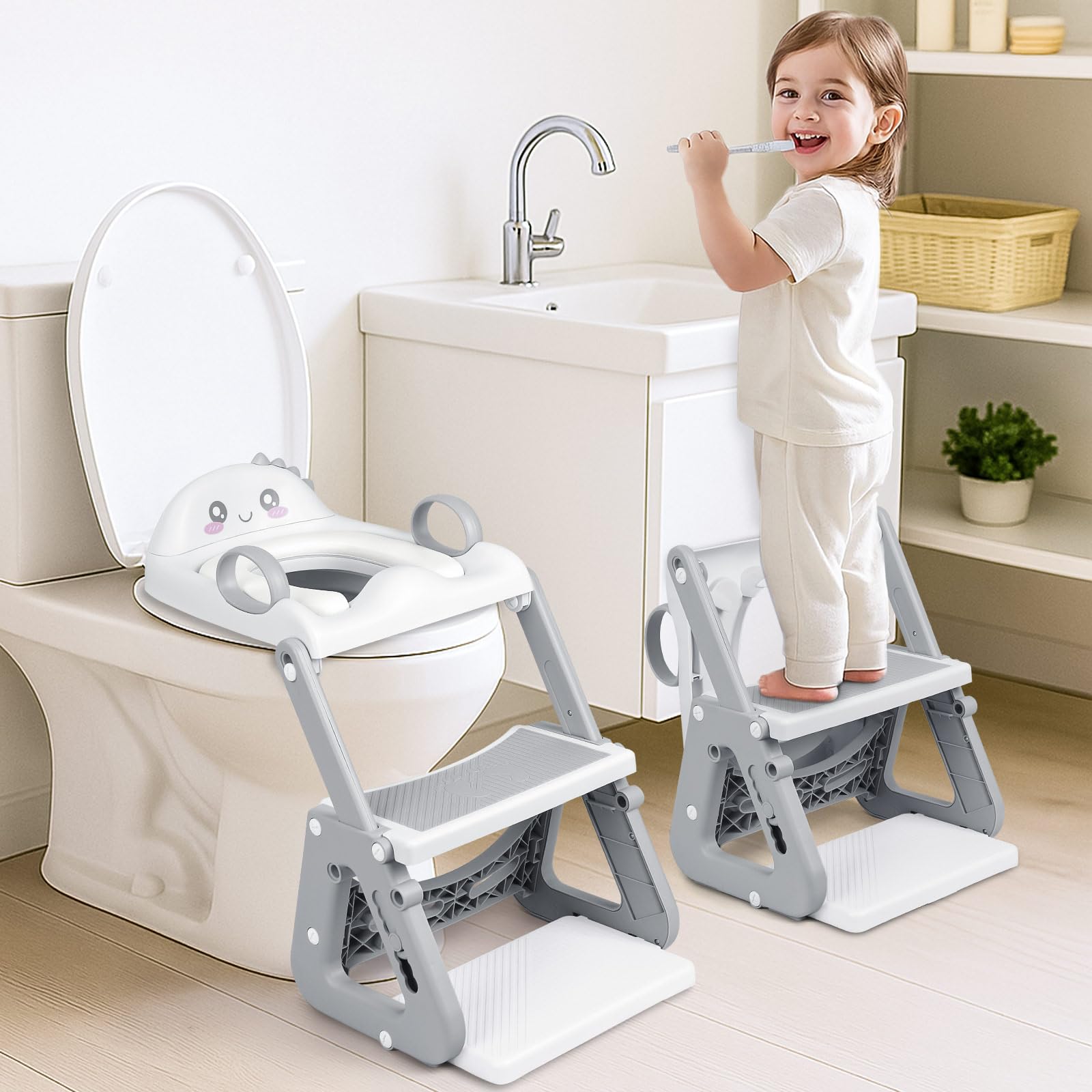 Potty Training Seat with Step Stool, 2-IN-1 Toddler Potty Training Toilet for Kid Boys Girls, Adjustable Toilet Seat for Toilet with ladder, Splash Guard, Anti-Slip Pad and Safety Handle, Gray
