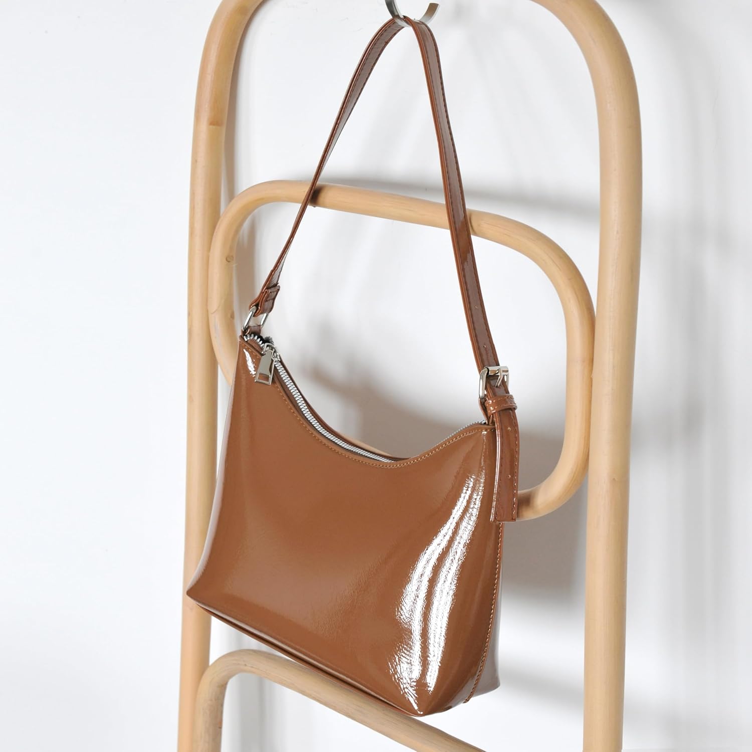 HOXIS Minimalist Faux Patent Leather Shoulder Bag Shiny Women Purse Y2K Style - Image 3