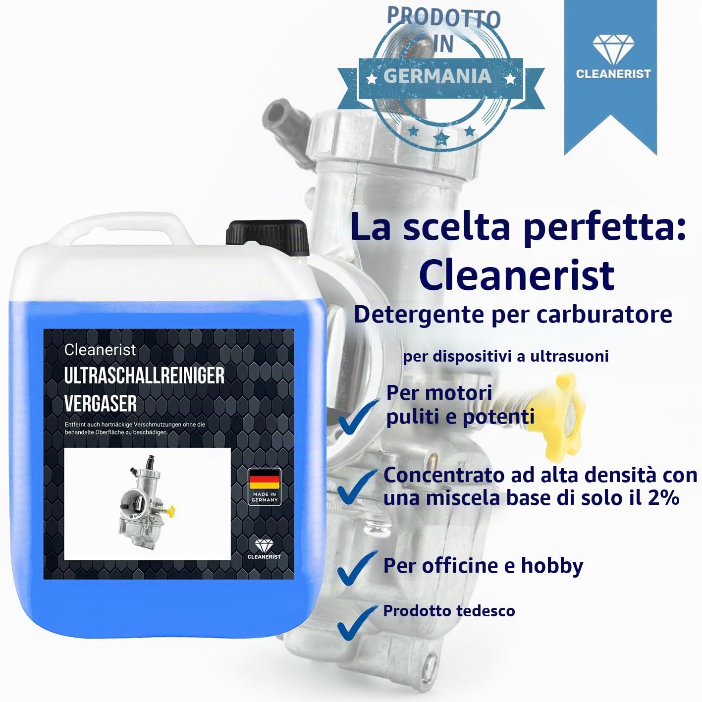 Cleanerist | Detergente ultrasuoni 5L – Concentrato per officina, carburatori, motori, freni, alberi, pompe, iniettori – per la pulizia auto contro sporco, olio e grasso
