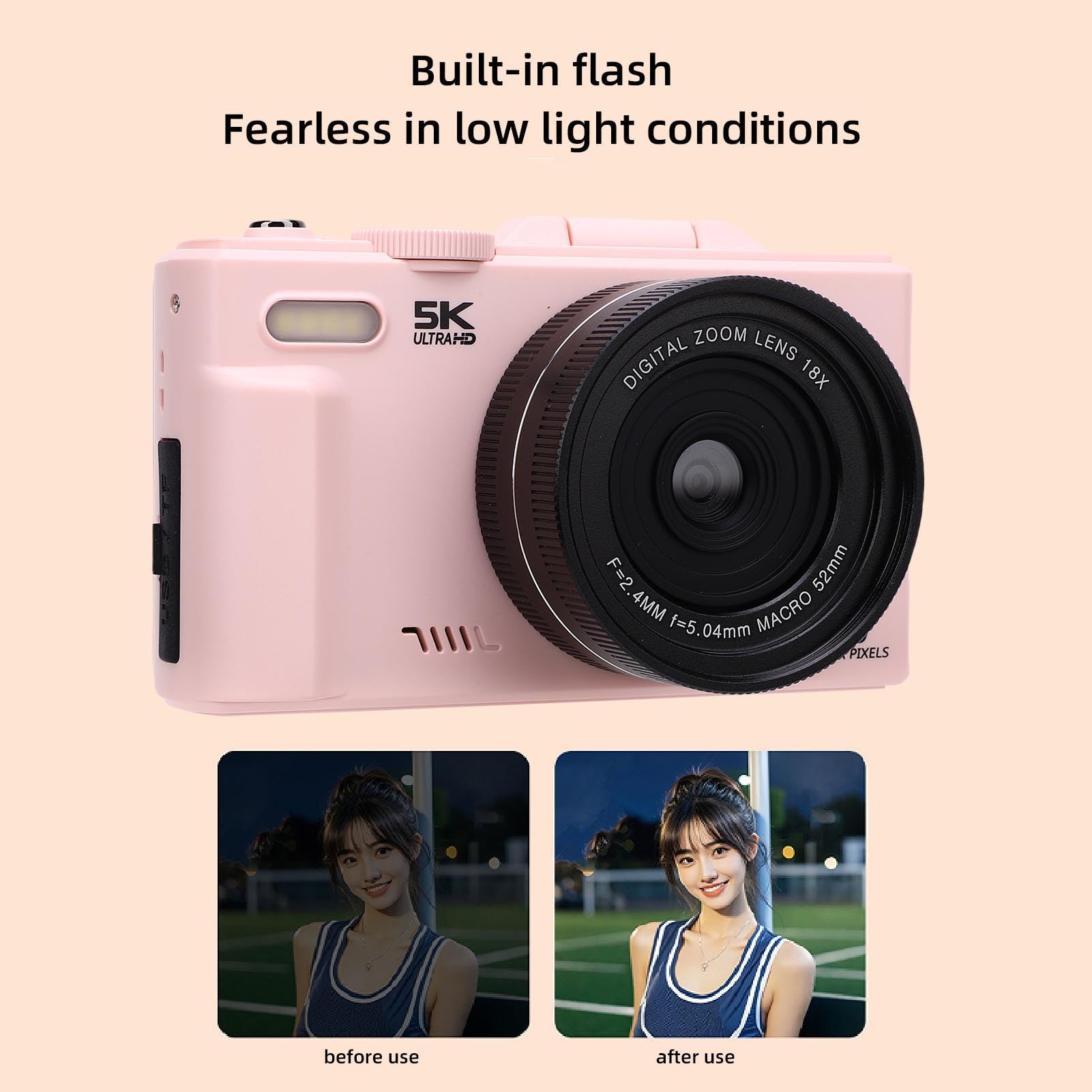 Bewinner Fotocamera Digitale 5K per Video Fotografici, Videocamere Wi-Fi da 75 MP per Vlogging su YouTube, Videocamere con Messa a Fuoco Automatica UHD, Schermo Orientabile a 180° da 3