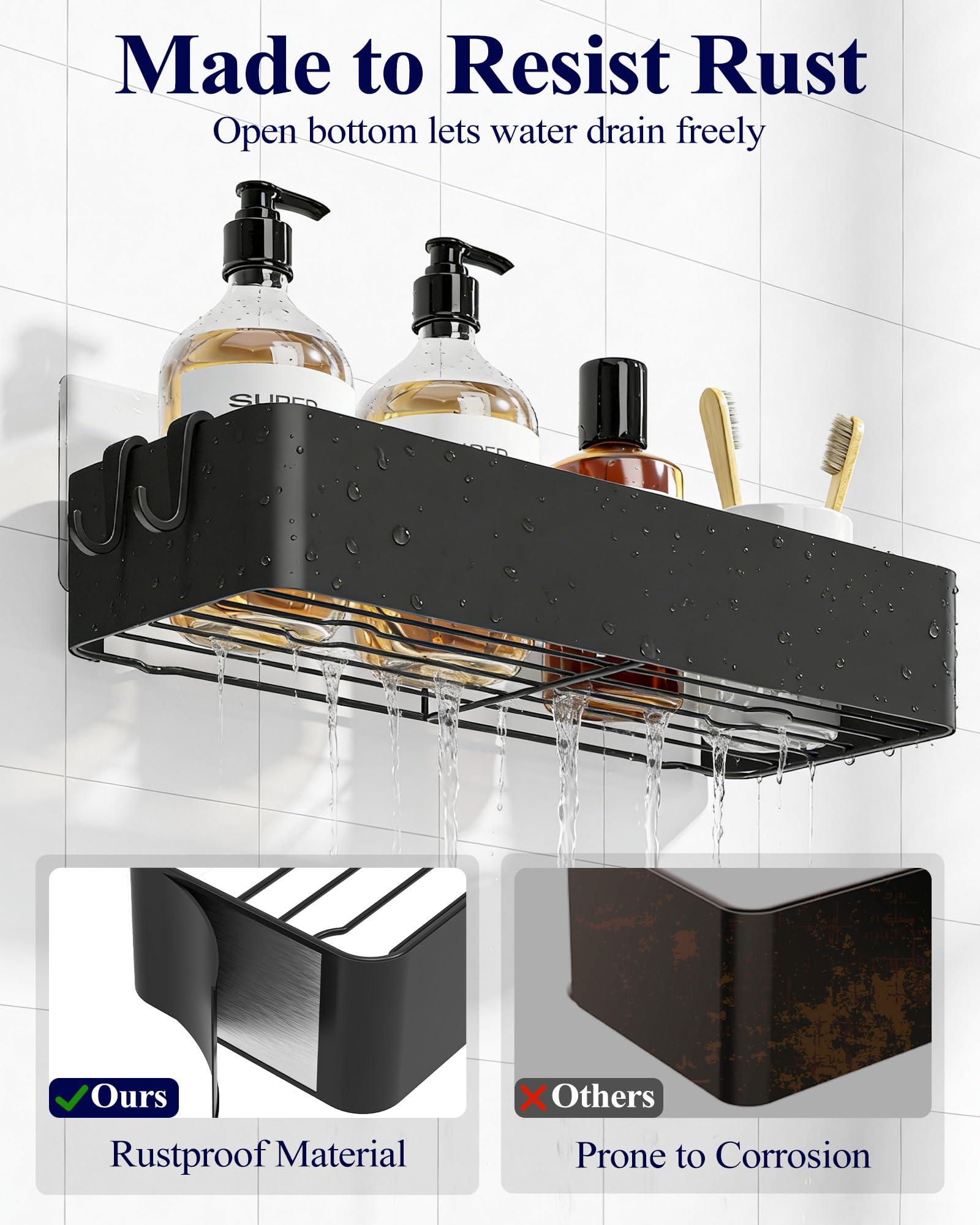 Kitsure 2 Pack Rustproof Shower Caddy - 2 Shelves, Drill-Free & Quick-Dry Shower Organizer, Rustproof Bathroom Shelves with 4 Hooks, Large, Black — view 7