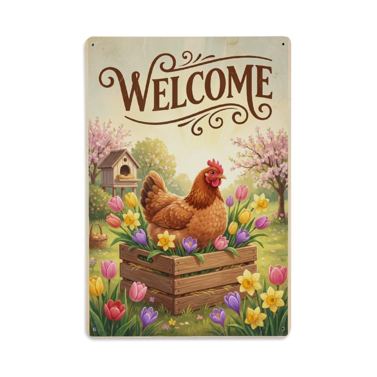 Cxhjca 8X12inch(20X30cm) Vintage Welcome Hen Peaceful Place Metal Tin Sign