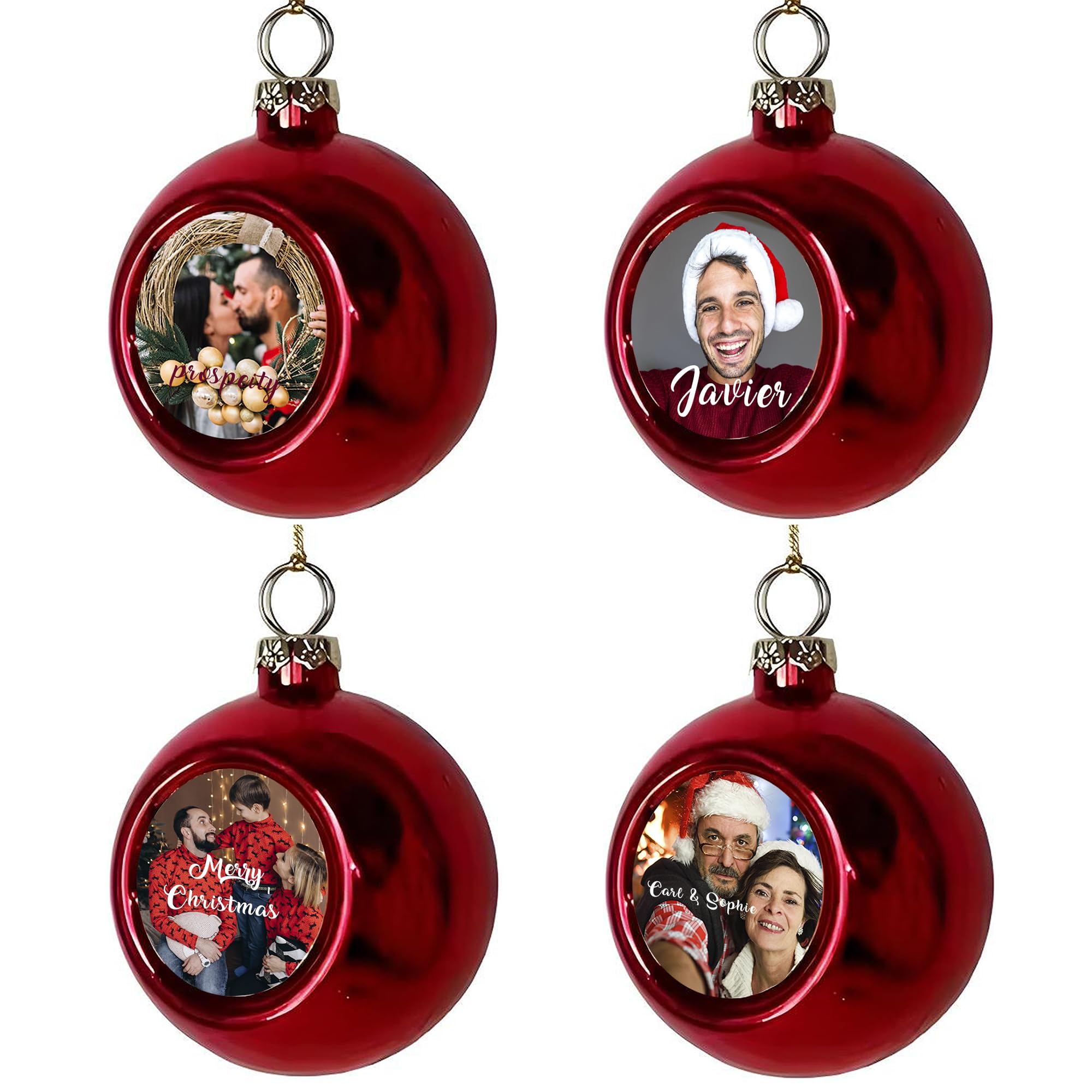 Pack 4 Bolas de Navidad Personalizadas con Foto y Texto Roja. Adornos Navidad con Foto y Nombre. Bolas Personalizables para Árbol. Regalo Navideño Único y Especial para Personalizar. Bolas Natal.