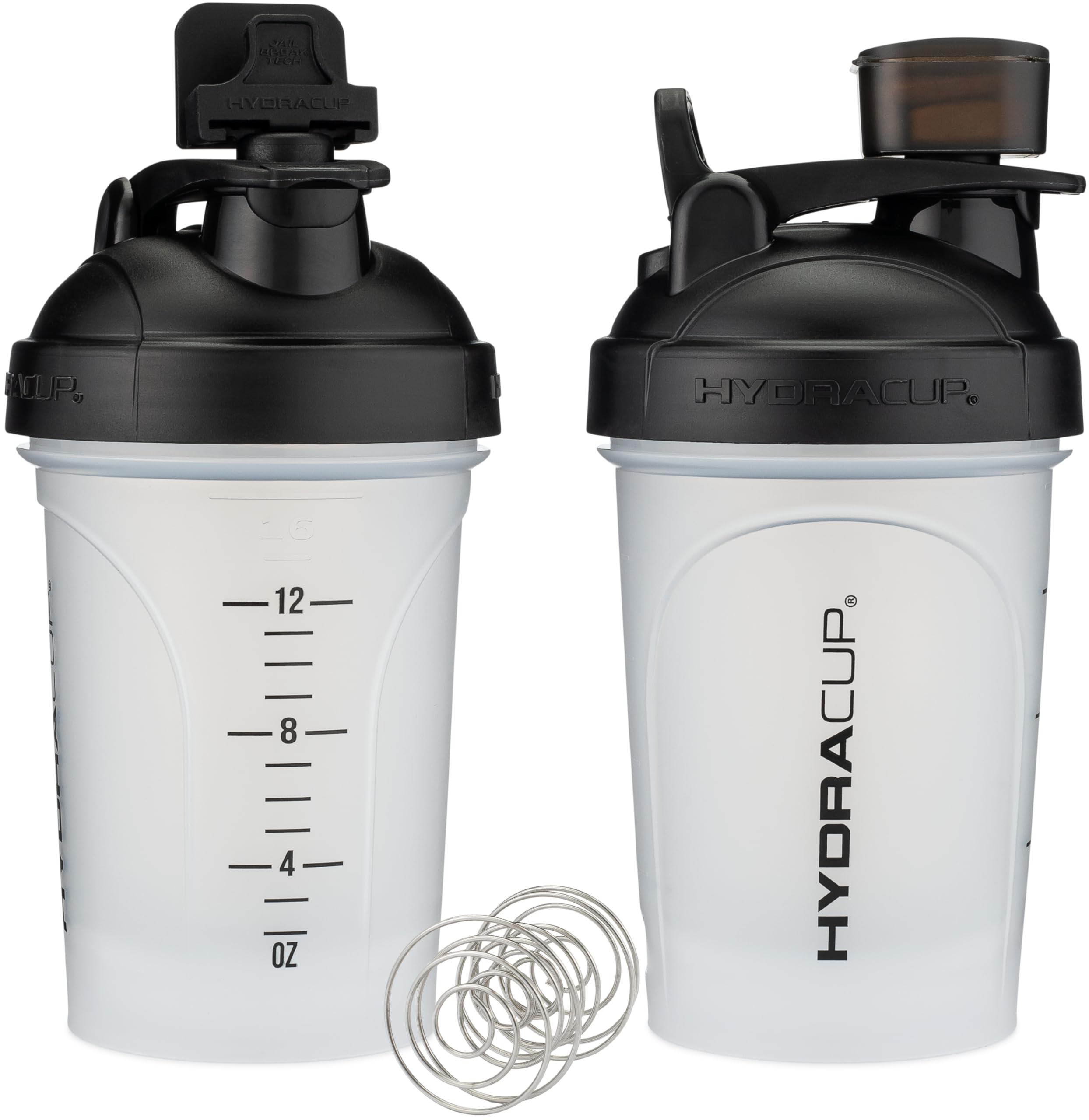 Hydra CupJailBreak [2 Pack] 20 oz Shaker Bottle for Protein Shakes, Shaker Bottle with Handle & Ball Blender, Shaker Cup with Phone Holder for Your Car, Travel To Go, BPA Free (Black/Clear)