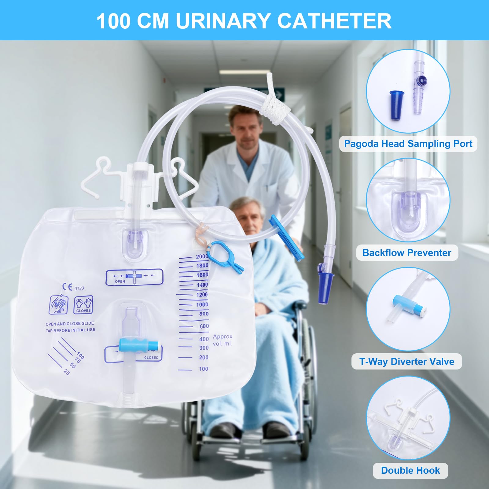2 Stück Urindrainagesystem, Urinbeutel 2000ml mit Anti Reflux Ventil und Ablass, Urindrainagebeutel Drainagebeutel mit 100cm Schlauch (2000ml-2pcs)