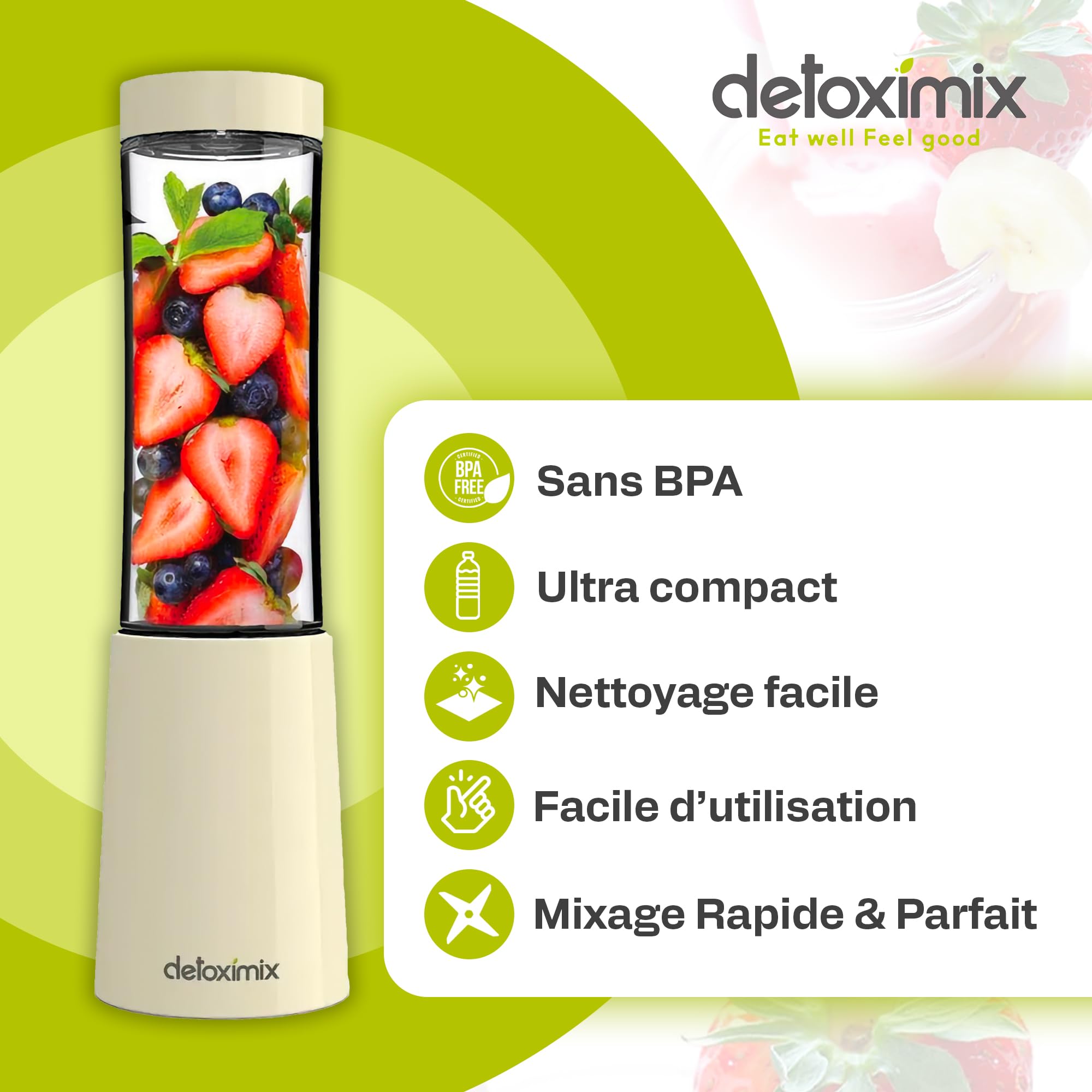 DETOXIMIX - Mini Blender Compact 150W 280ml - Smoothie Milk-shake Jus Fruits ou Légumes - 2 Bouteilles Gourdes avec Couvercle de Voyage + Livret de Recettes Inclus - Plastique sans BPA 4 Lames - Blanc