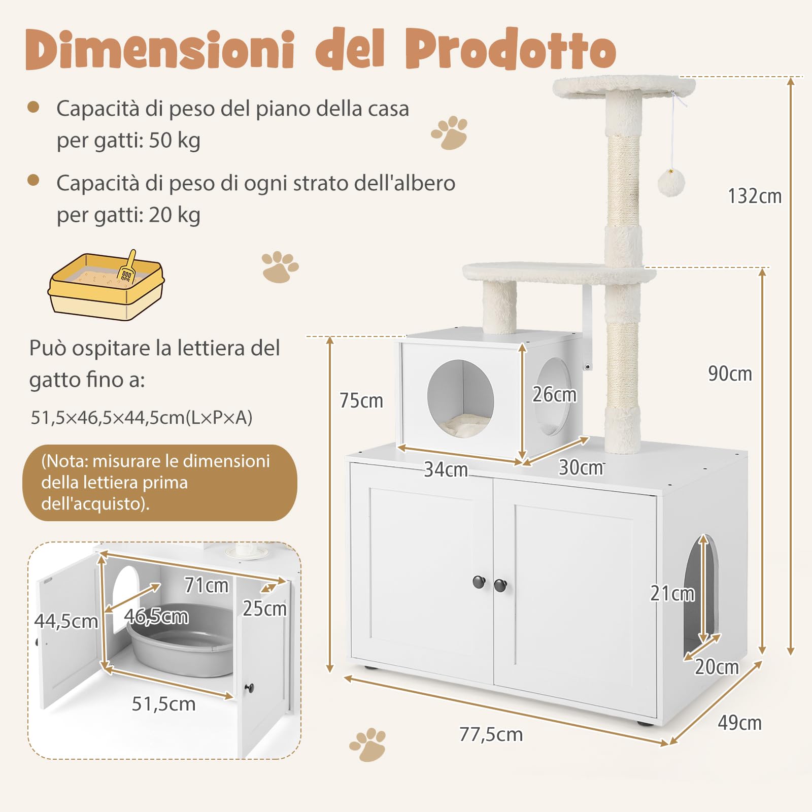 COSTWAY Tiragraffi per Gatti Adulti con Rifugio ad Ante Nascosto, Torre per Gatti con Cuccia, Piattaforma, Cuscini e Tiragraffi, Albero per Animali Grandi Alto in Legno, 77,5 x 49 x 132 cm (Bianco)