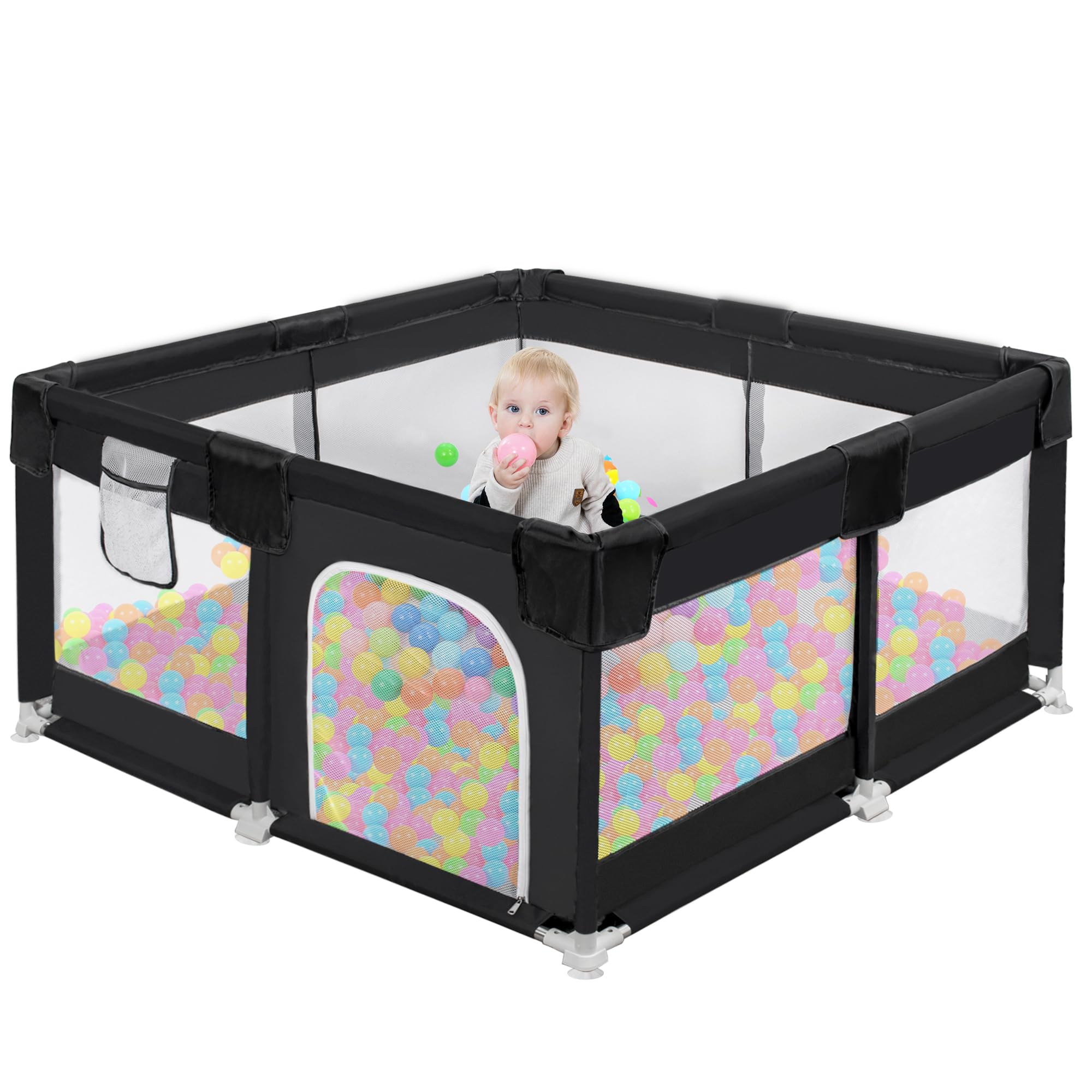 OUUTMEE Baby Playpen 120×120cm Large Baby Playard with Anti-Slip Base & Gate for Toddlers Infants Baby Fence Kids Activity Centre Play Yard Sturdy Safety Play Yard with Soft Breathable Mesh,Black
