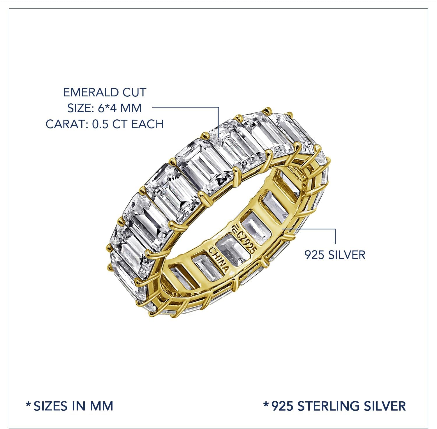 Marilyn Monroe Eternity Ring For Women 14K Yellow Gold, Rose Gold, Platinum Plated 925 Sterling Silver Infinity Band | 10.30 Carats Emerald Cut Cubic Zirconia CZ Diamond Stimulant