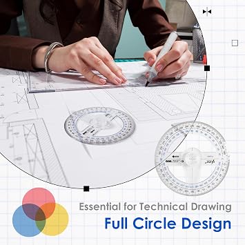 2 Pack 360 Protractor Set, Full Circle Protractor with Arm | Transparent plastic protractors with swing arm for geometry, drafting and classroom use, supplied in assorted colours