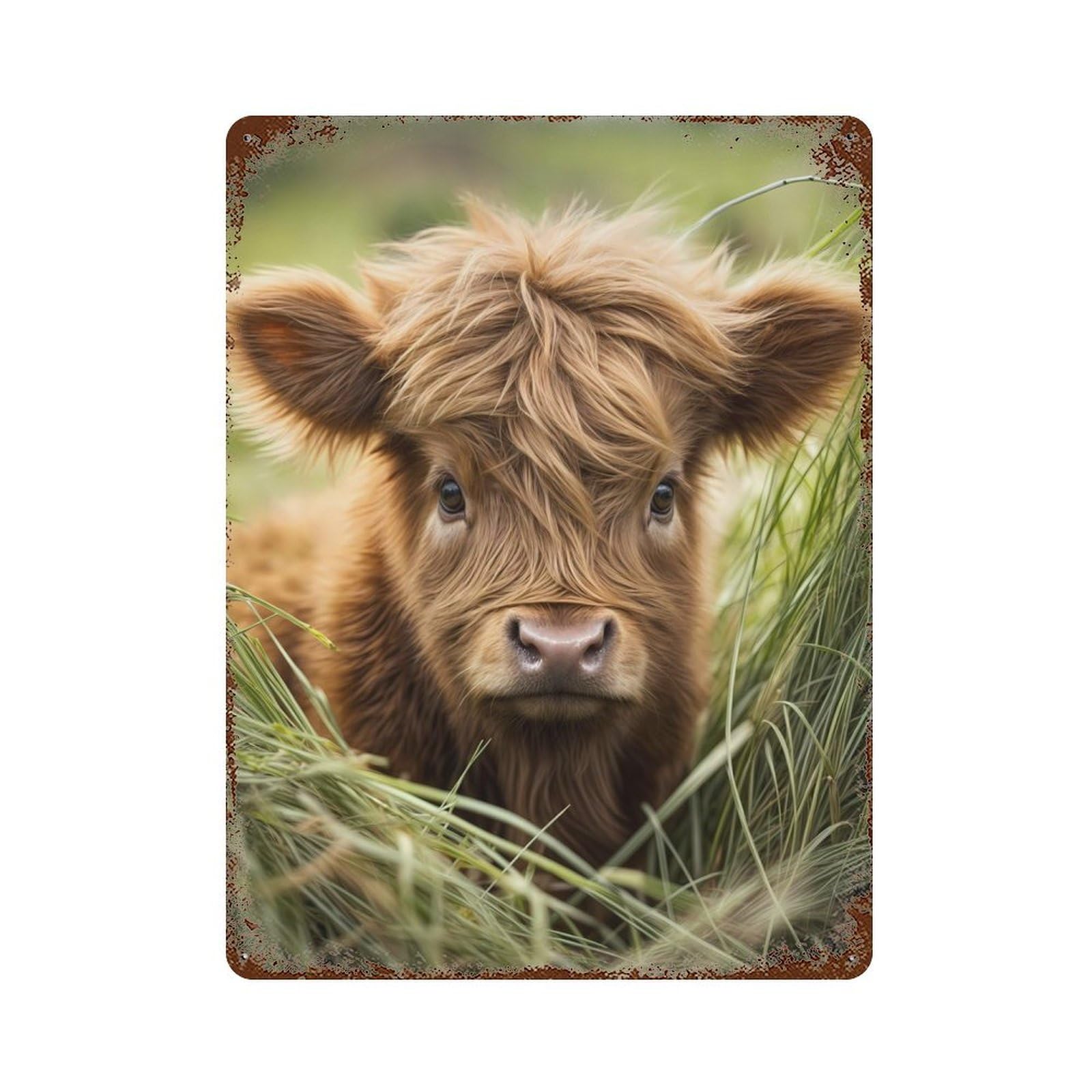 Rust Effect Tin Sign with Cute Baby Scottish Cow Design 15.7"x11.8", for Pub, Kitchen And Man Cave Decor, Industrial Home Decor