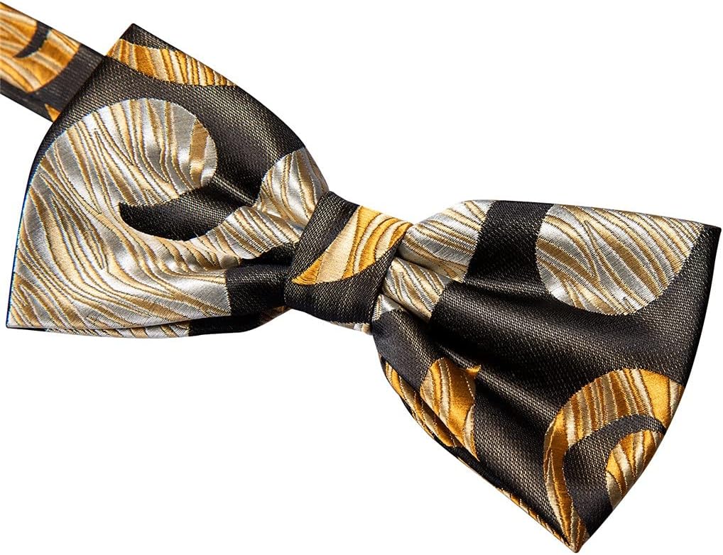 Men Gold Cummerbund Black Bow Tie Silk Floral Set Pocket Square Cufflink Formal For Tuxedo Suit
