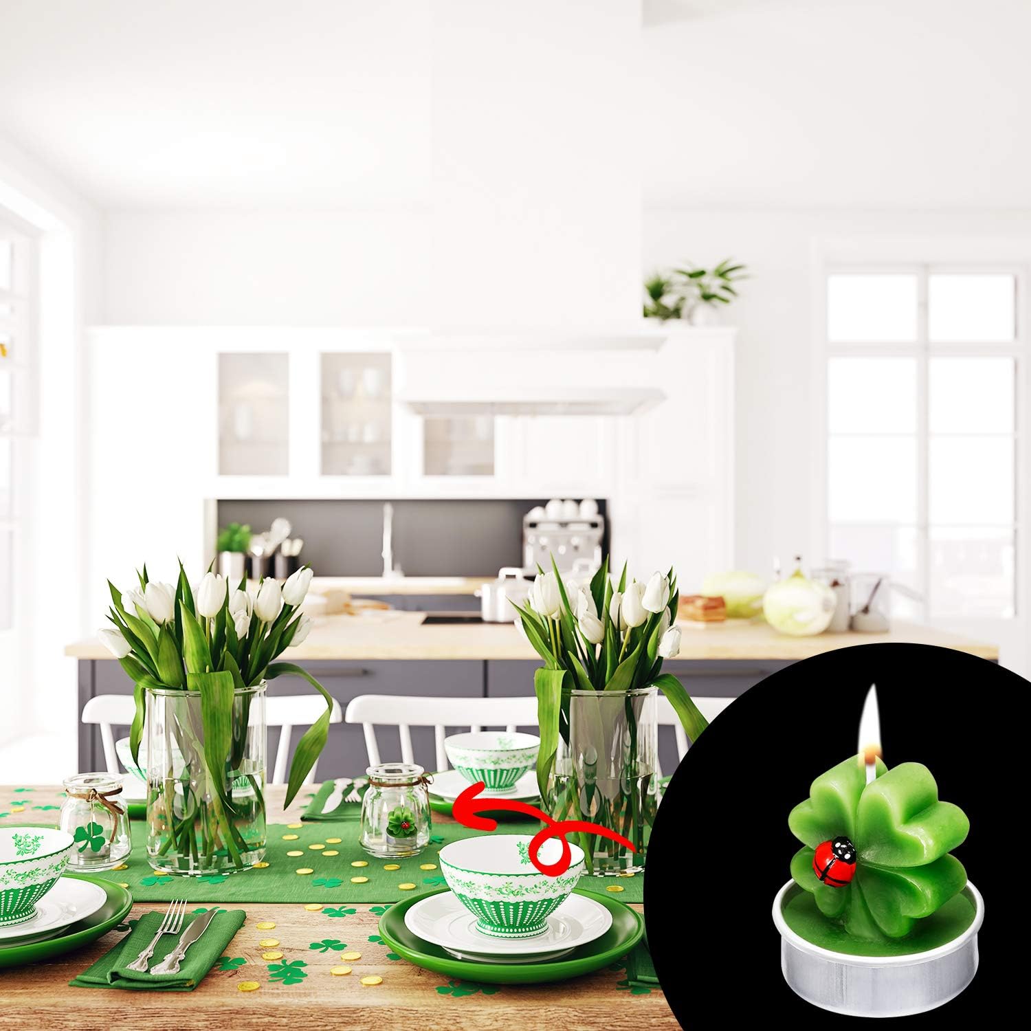 TecUnite 12 Pcs St. Patrick's Day Shamrock Candles with Ladybird Lucky Green Clovers Cute Irish Shamrock Tealight Candles St Patricks Day Decor Gifts Bulk for Party Favor Holiday Table