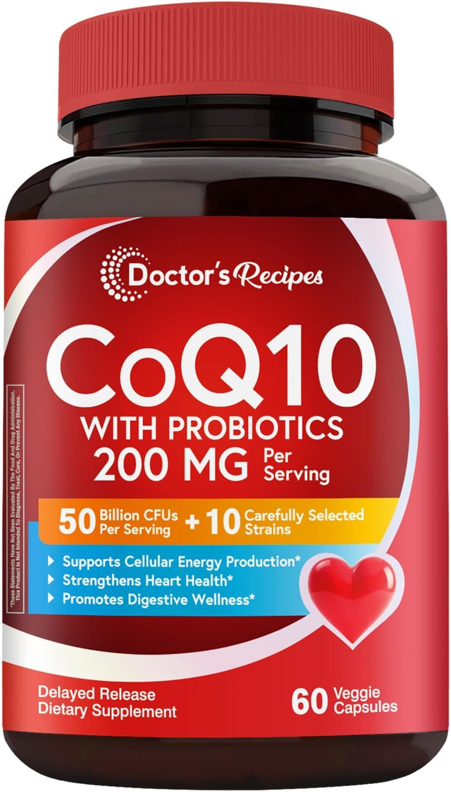 CoQ10 with Probiotics, 200 mg, 50 Billion CFUs from 10 Strains Per Serving, Bioavailable Ubiquinone, for Heart, Gut, 60 Vegan Capsules, Non-GMO