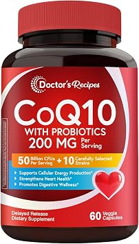 Doctors Recipes CoQ10 with Probiotics, 200 mg, 50 Billion CFUs from 10 Strains Per Serving, Bioavailable Ubiquinone, for Heart, Gut, 60 Vegan Capsules, Non-GMO