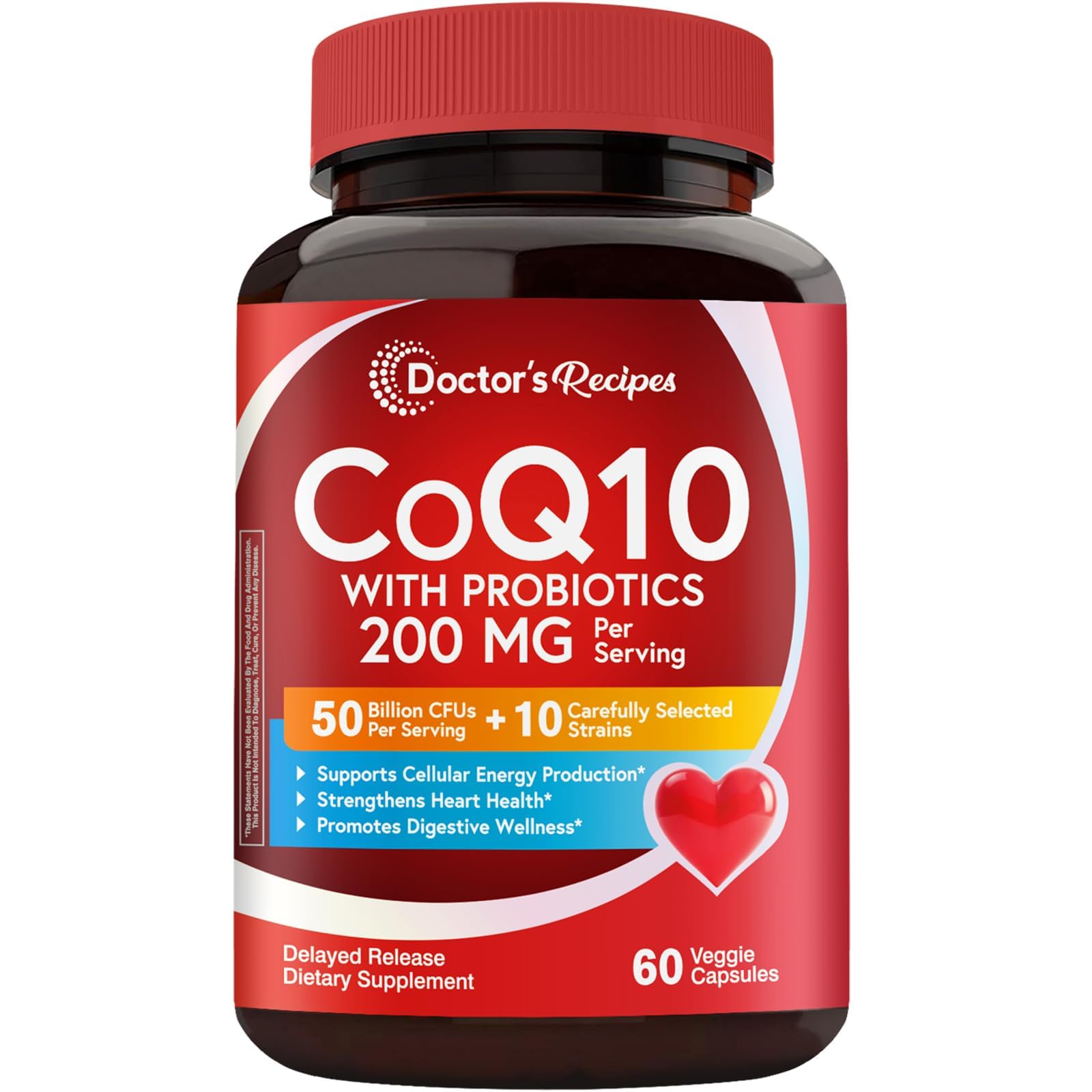 CoQ10 with Probiotics, 200 mg, 50 Billion CFUs from 10 Strains Per Serving, Bioavailable Ubiquinone, for Heart, Gut, 60 Vegan Capsules, Non-GMO