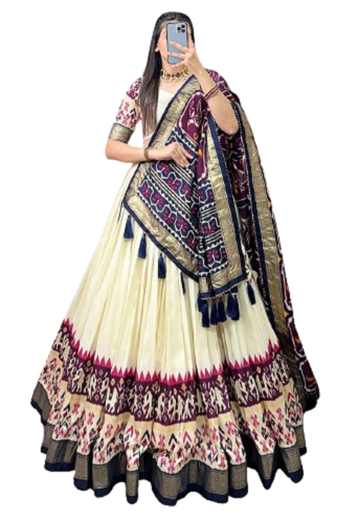 royalstyle Women's And Girls Tussar Silk Fabric With Patola Print And Foil Work Lehenga Choli and attached with Can Can Off White Color (Purple)-picture-5