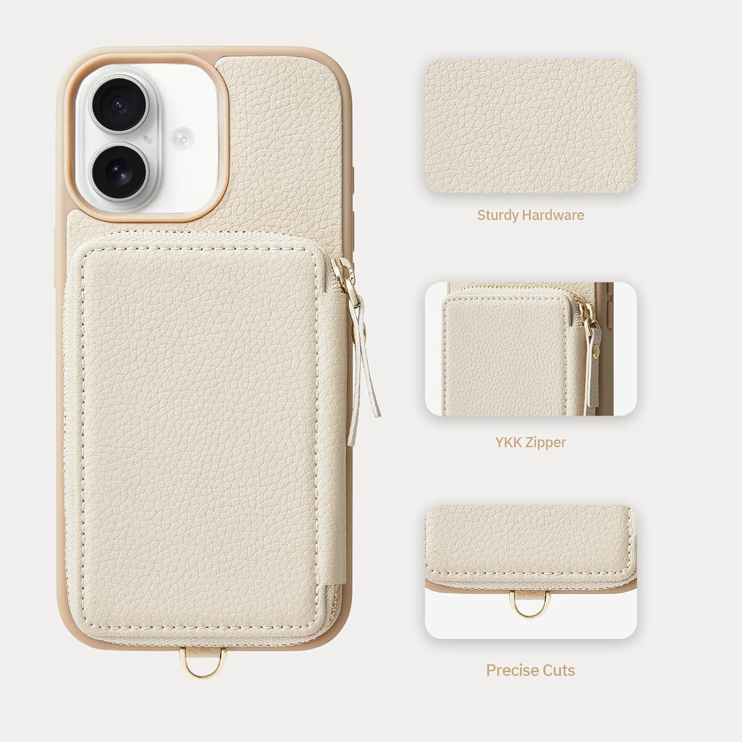 ZVE Compatible with iPhone 16 Case Wallet, Zipper Leather Card Holder with RFID Blocking and Detachable Wrist Strap for Women for iPhone 16, 6.1"-Beige - Image 5