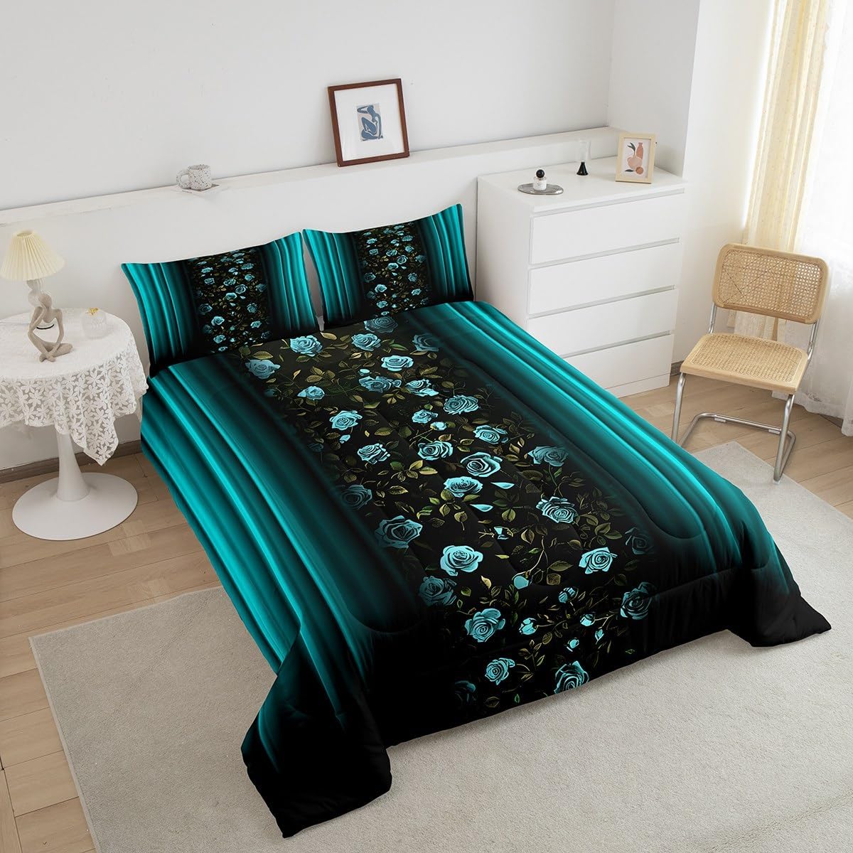 Feelyou Floral Bedding Set Ombre Teal Rose Teens Comforter for Kids Boys Girls Teal Rose Flower Decor Comforter Set Romantic Modern Quilt Set 3Pcs Queen Size