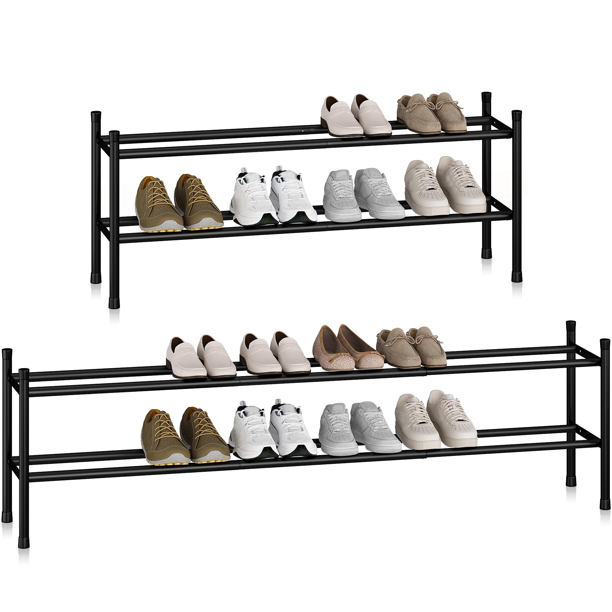 STORAGE MANIAC Long Expandable Shoe Rack, 12 Pairs Metal Wide Stackable Shoe Rack, Adjustable Shoes Shelf, Freestanding Shoes Organizer for Closet,