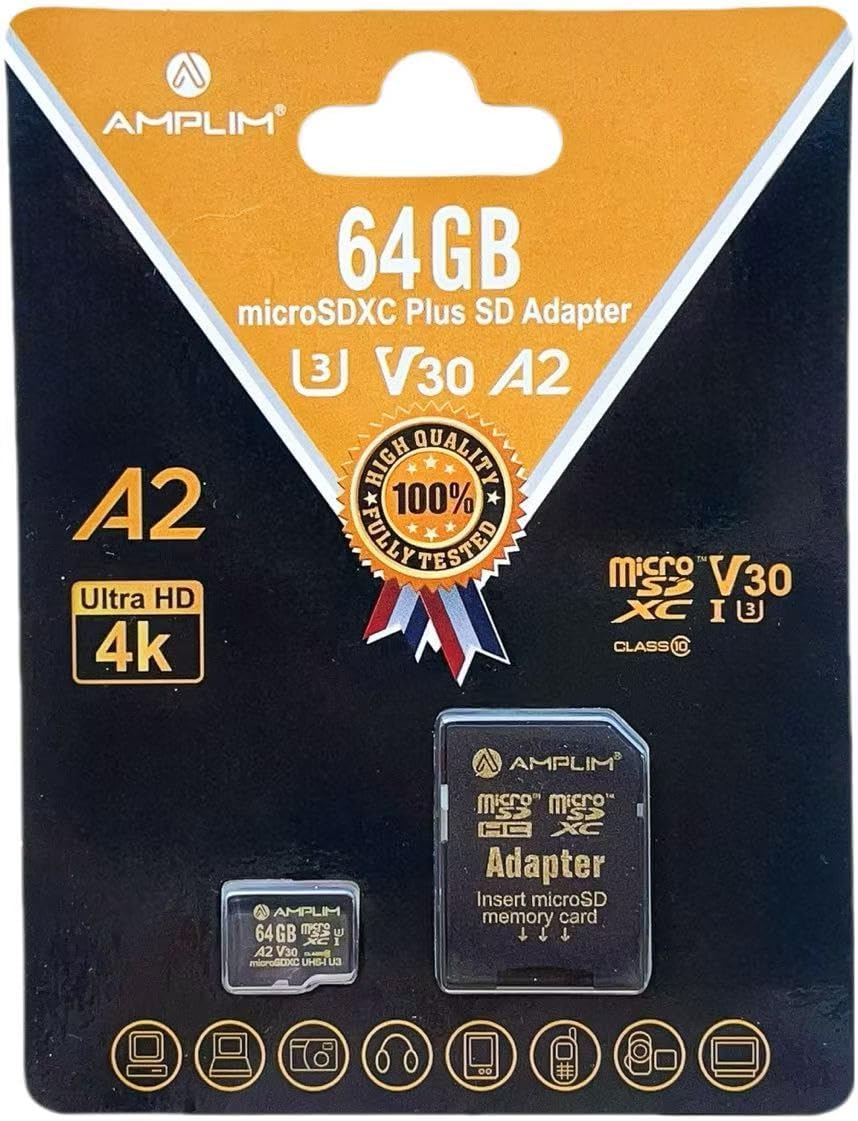 Amplim Micro SD Card 64GB | MicroSD Memory Plus Adapter | A2 MicroSDXC U3 Class 10 V30 UHS-I for Nintendo, Surface, Phone, Camera Cam, Tablet (Black Gold)