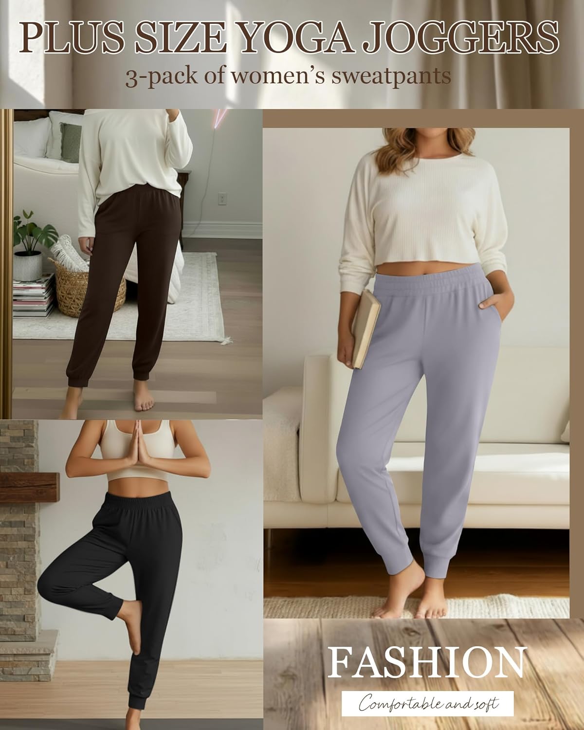 3 Pack Women's Plus Size Yoga Joggers, Comfy High Waisted Lounge Pants Loose Casual Sweatpants Pajama with Pockets - Image 3