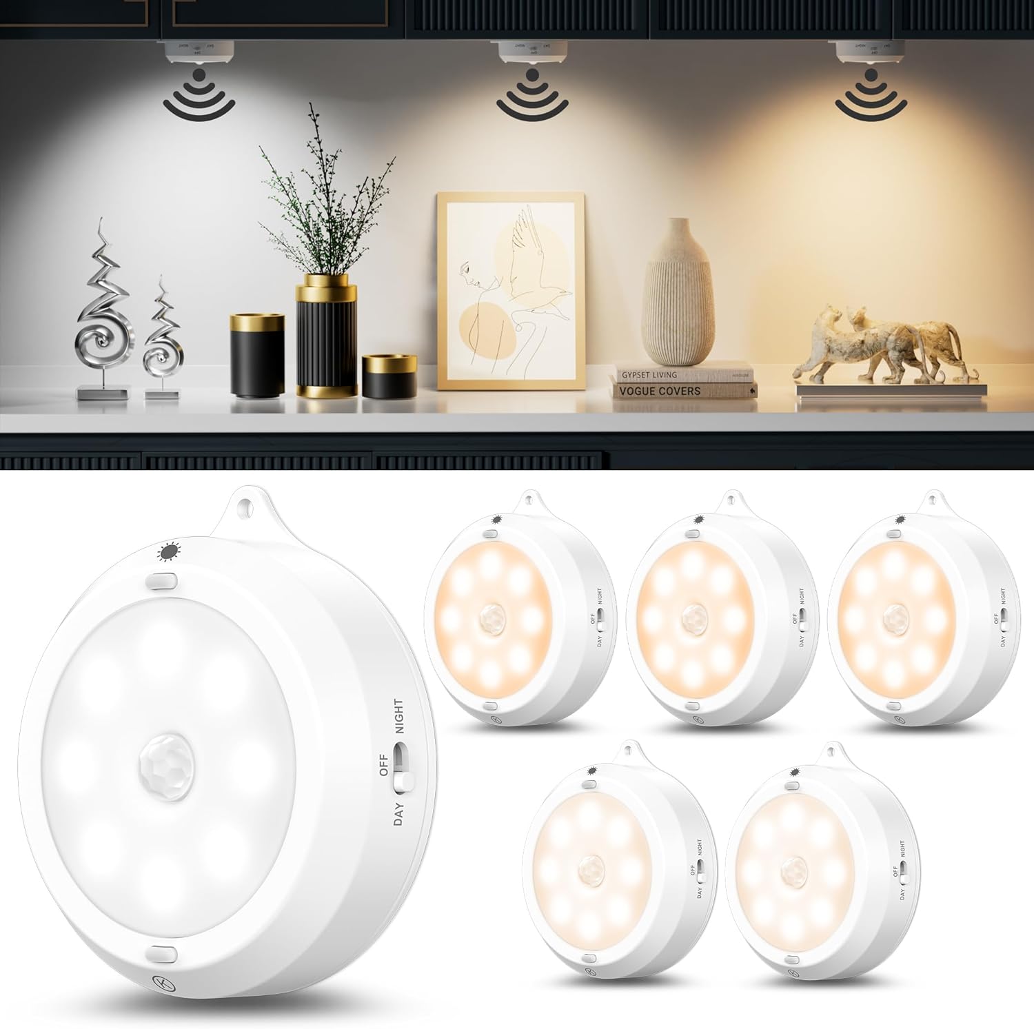 YiaMia Motion Sensor Under Cabinet Lights – 6 Pack, Indoor Smart Sensor Night Light, 3 × AA Battery Operated Wireless Stair Light, Dimmable Puck Lights Suitable for Kitchens, Wardrobes, Hallway YiaMia Motion Sensor Under Cabinet Lights – 6 Pack, Indoor Smart Sensor Night Light, 3 × AA Battery Operated Wireless Stair Light, Dimmable Puck Lights Suitable for Kitchens, Wardrobes, Hallway
