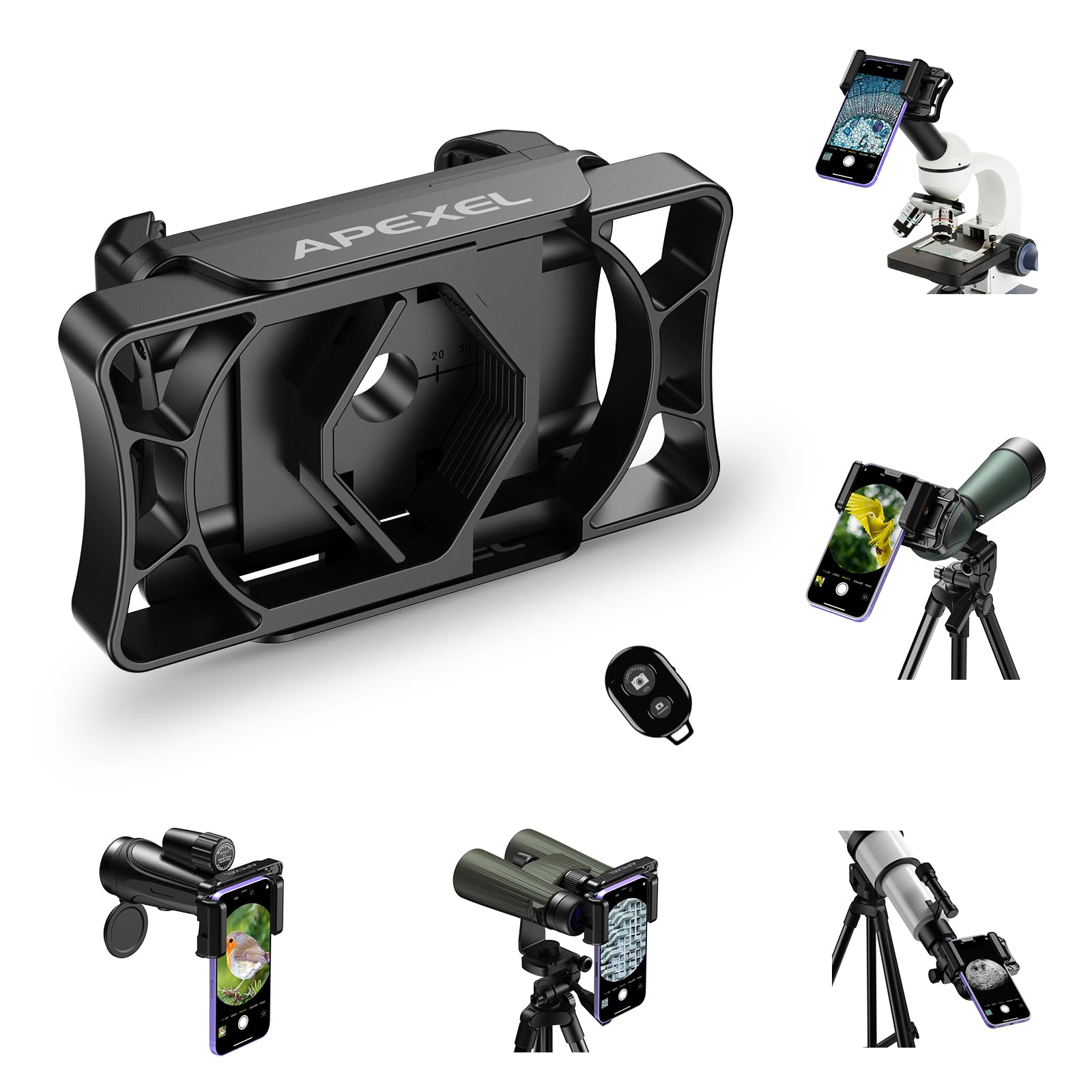 APEXEL Adattatore Universale per Smartphone con Telescopio con Bluetooth, Compatibile con Binocoli, Monoculare e Microscopi, Adattatore per Montaggio su Telescopio, Adatto a Tutti Gli Smartphone