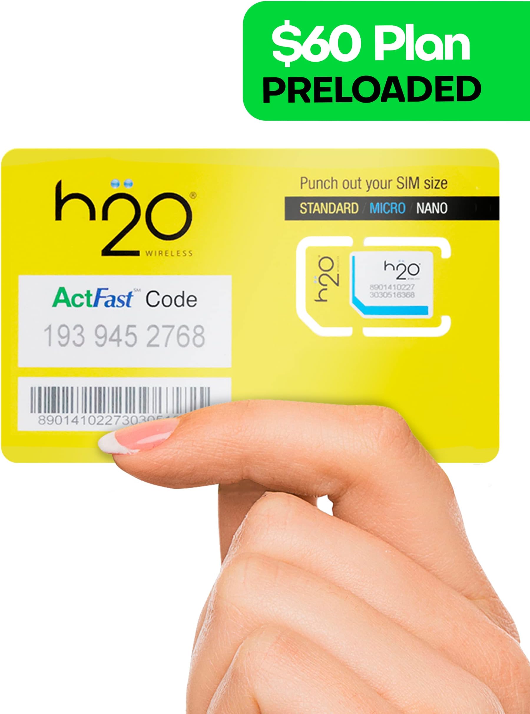 H2O Wireless 30-Day USA Physical Prepaid SIM Card with 60GB High-Speed 4G LTE/5G Data & 20GB Mobile Hotspot, Unlimited Data, Talk & Text to 70+ Countries, Triple-Cut US SIM Card for Cell Phones