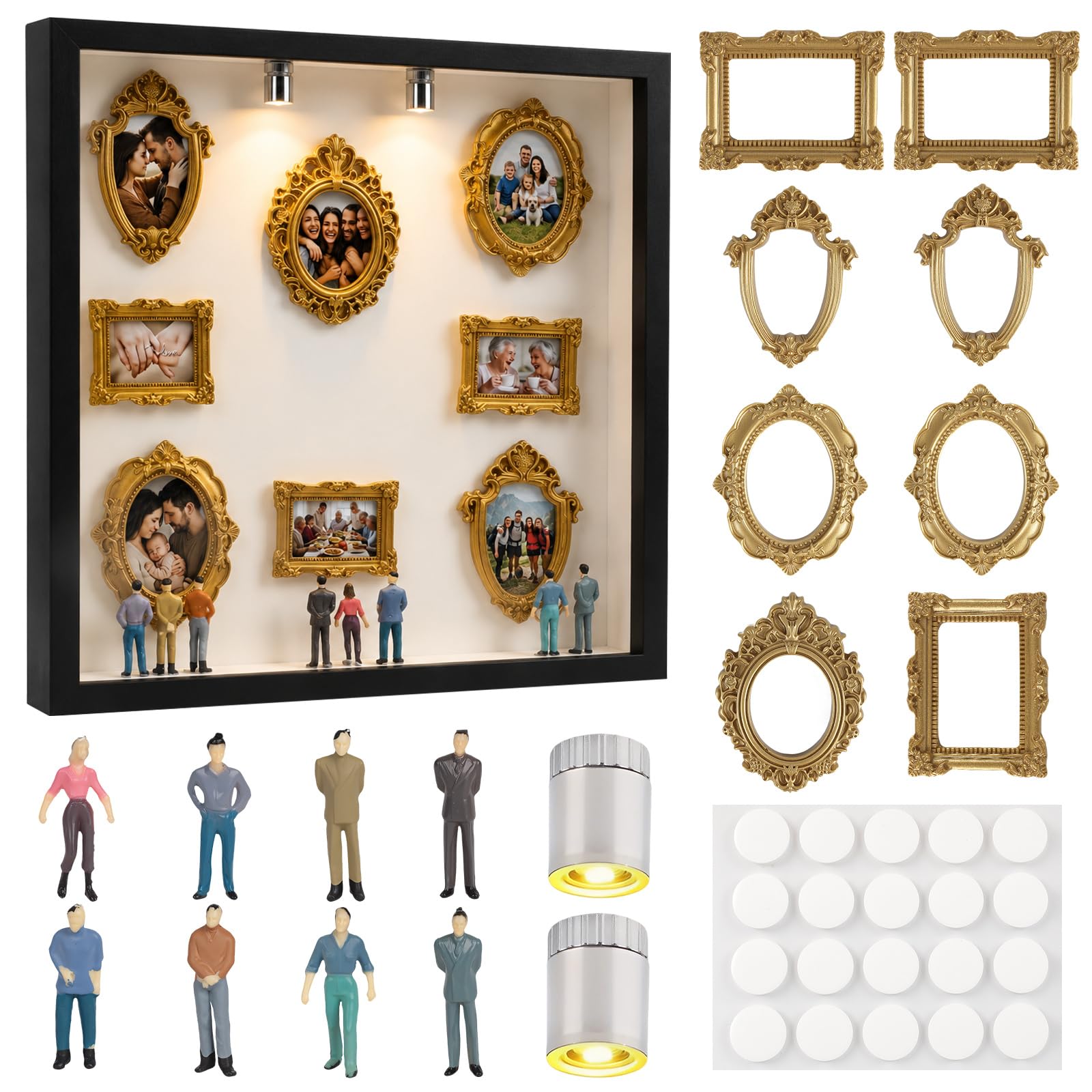 Marcos de fotos con pantalla de memoria y figuras doradas en una caja de sombra elegante