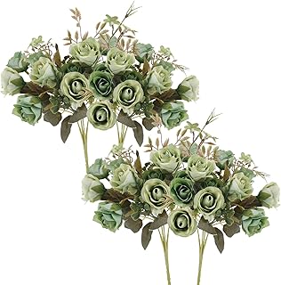 5 Stems 10 Heads Artificial Flowers Mini Roses with Leaf Bridal Bouquets for Wedding Centerpieces Indoor Home Table Decoration(4 Pack, Green)