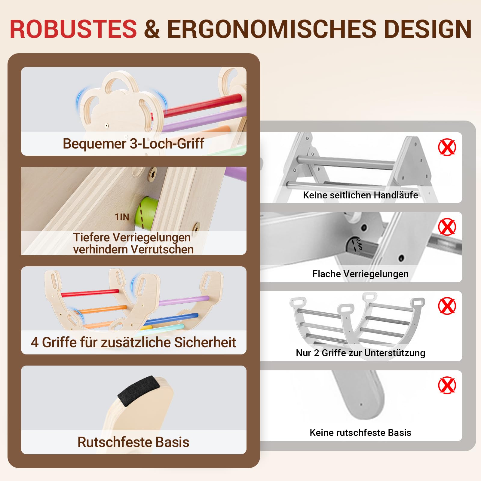 COSYLAND Klettergerüst Indoor L – Großes Kletterdreieck Set mit Kletterbogen & Rutsche – 8-in-1 Massivholz-Spielplatz für Kinder ab 18 Monaten – Regenbogenfarben
