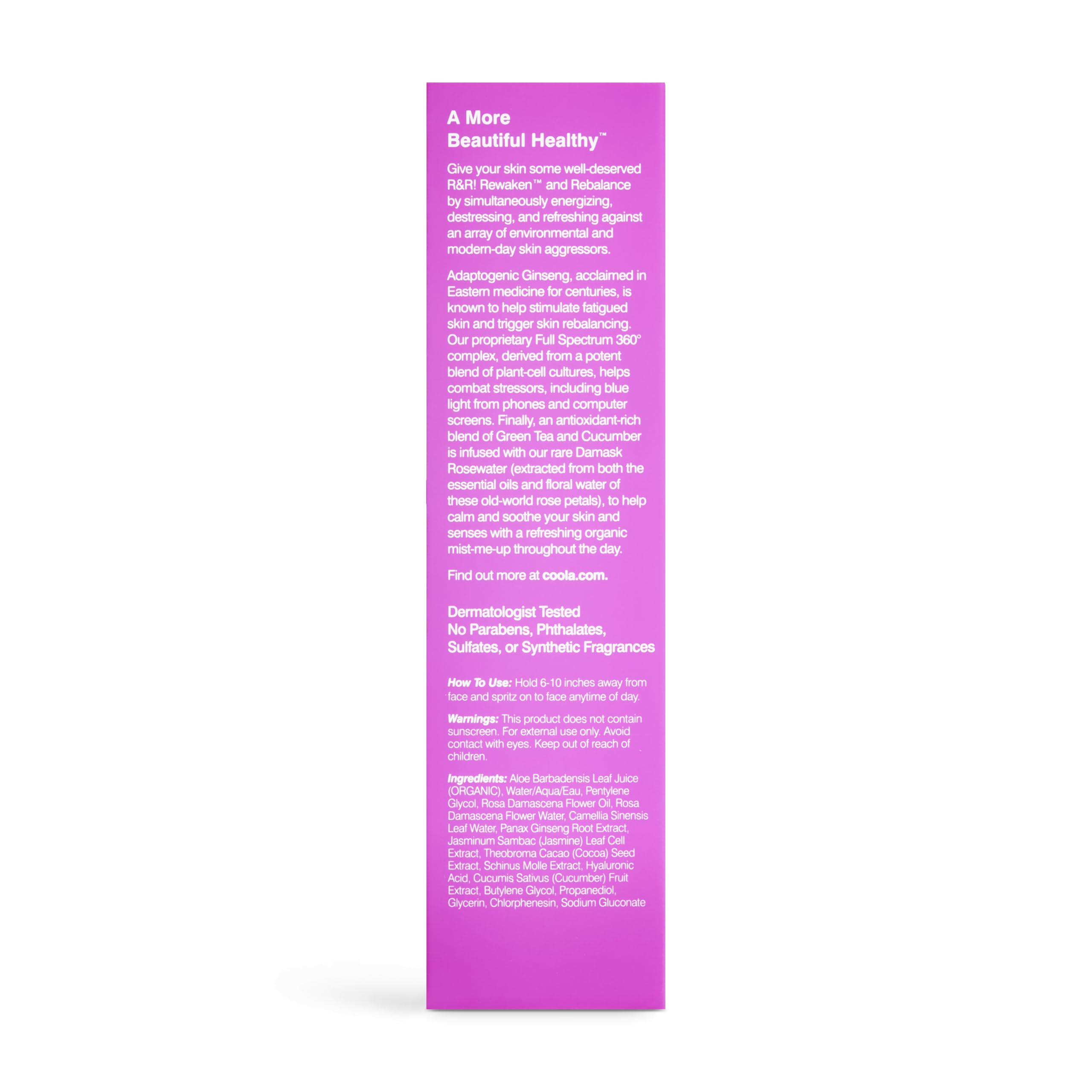 COOLA Organic Rewakening Rosewater Mist Face Spray, Dermatologist Tested Skin Barrier Protection with Ginseng & Green Tea Extract, Vegan and Gluten Free, 1.7 Fl Oz