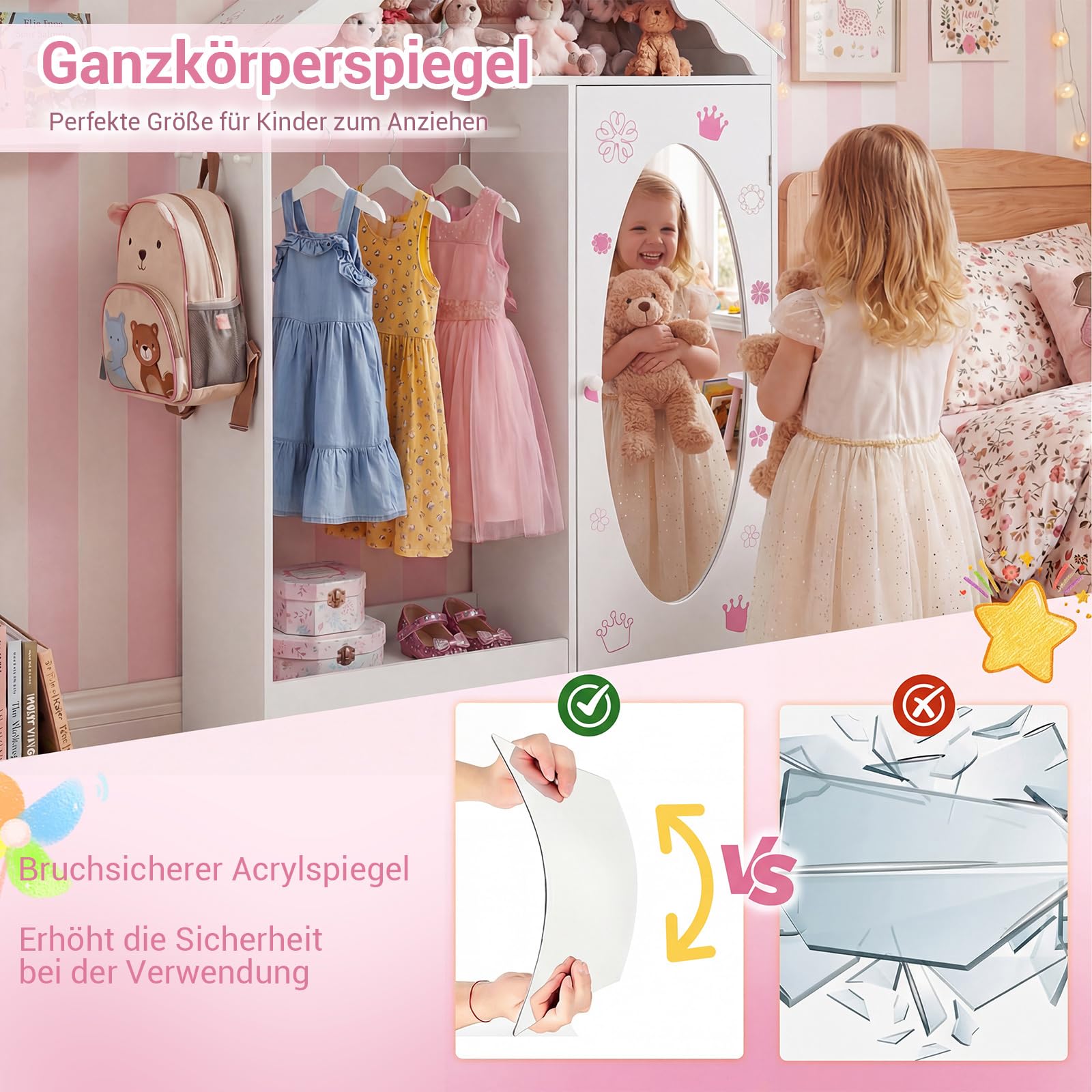 COSTWAY Kinder Kleiderschrank in Hausform, Kindergarderobe mit Spiegel, Kleiderstange, Regalen & Haken, Kinder Kleiderschrank für Kinderzimmer, Kleiderständer für Mädchen ab 3 Jahren (Weiß)