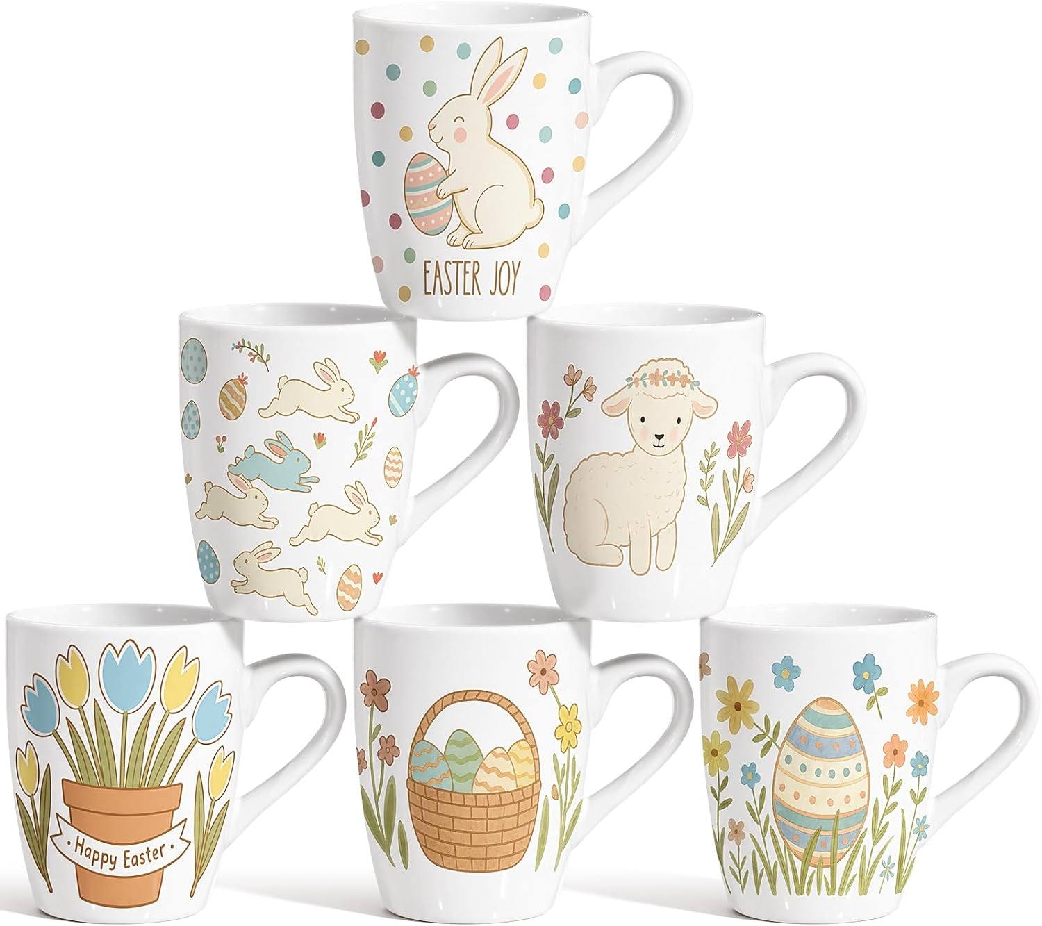 CHENGU 6 Pack Spring Easter Mugs Set 10oz Happy Easter Bunny Eggs Ceramic Coffee Mugs Spring Rabbit Drinking Cups Holiday Gifts for Home Parties Basket Stuffers Party Supplies