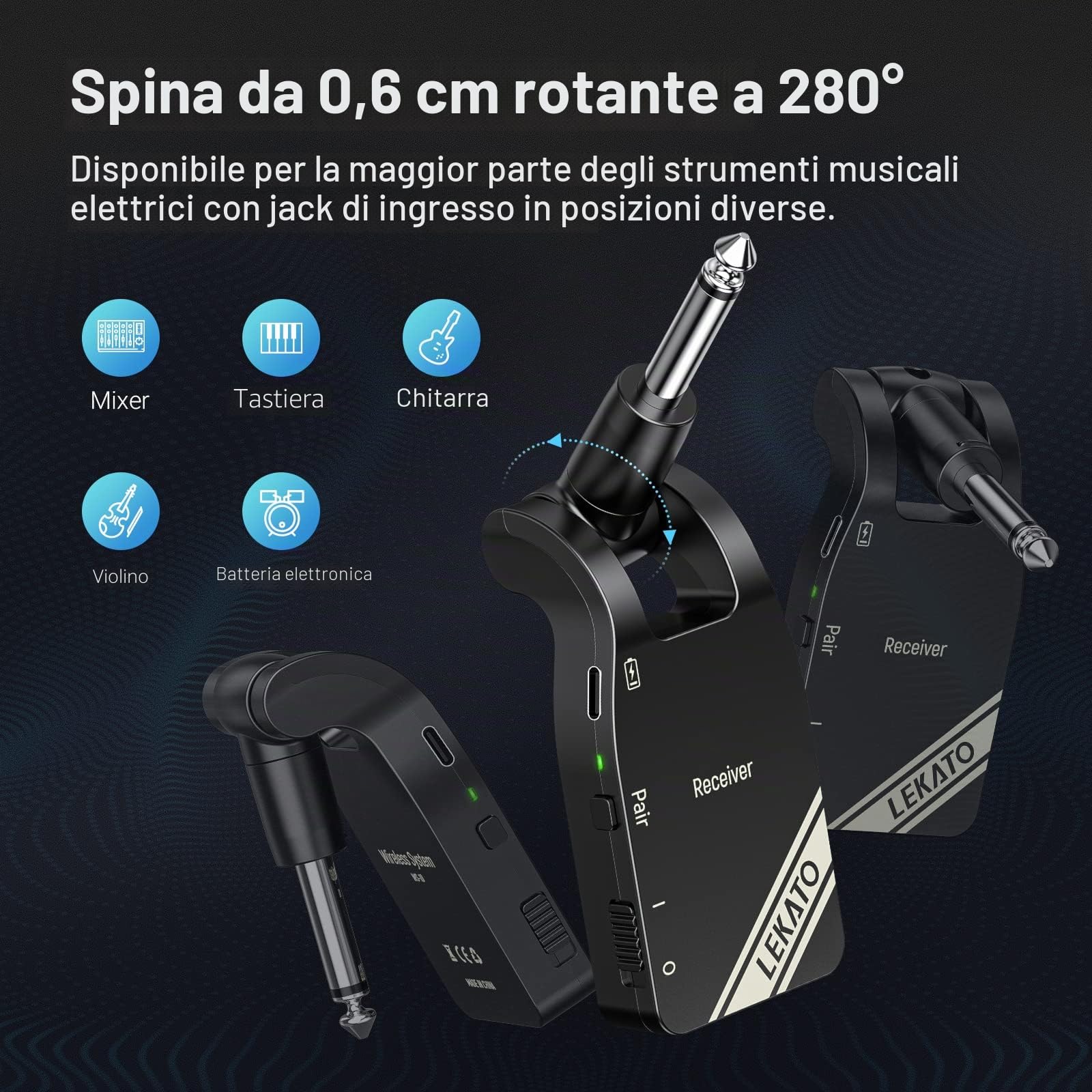 LEKATO Ssystem per chitarra wireless aggiornato 2,4 GHz Audio digitale per chitarra Trasmettitore wireless Ricevitore Batteria al litio ricaricabile incorporata Cavo wireless