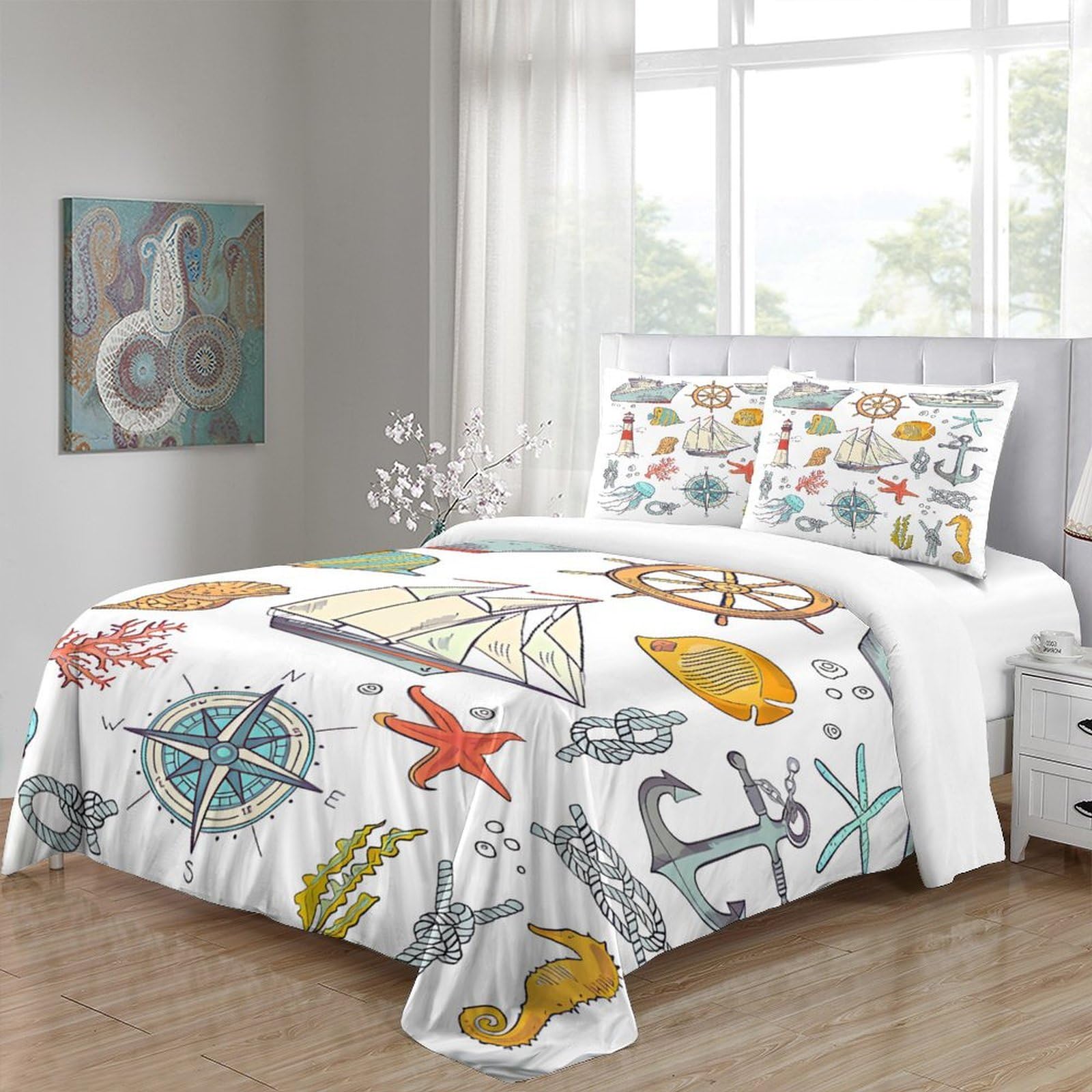 Nautische Ikonen 3-teiliges Pflegeleichtes Polyester Handgezeichneter Stil Kinderbettwäscheset, 2 Kissenbezug, Unsichtbarer Reißverschluss, Babysicher & Gifffrei King（220x240cm）