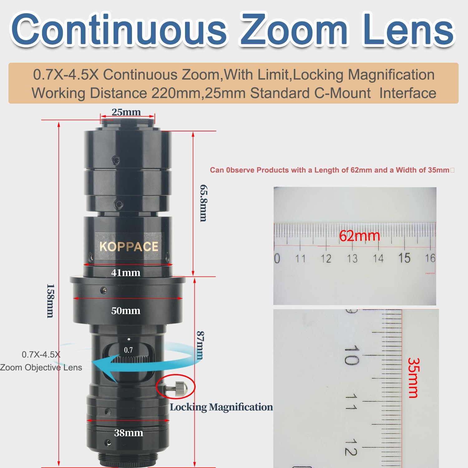 7X-49X Continuous Zoom Electron Microscope Large Field of View 220mm High Working Distance Lens
