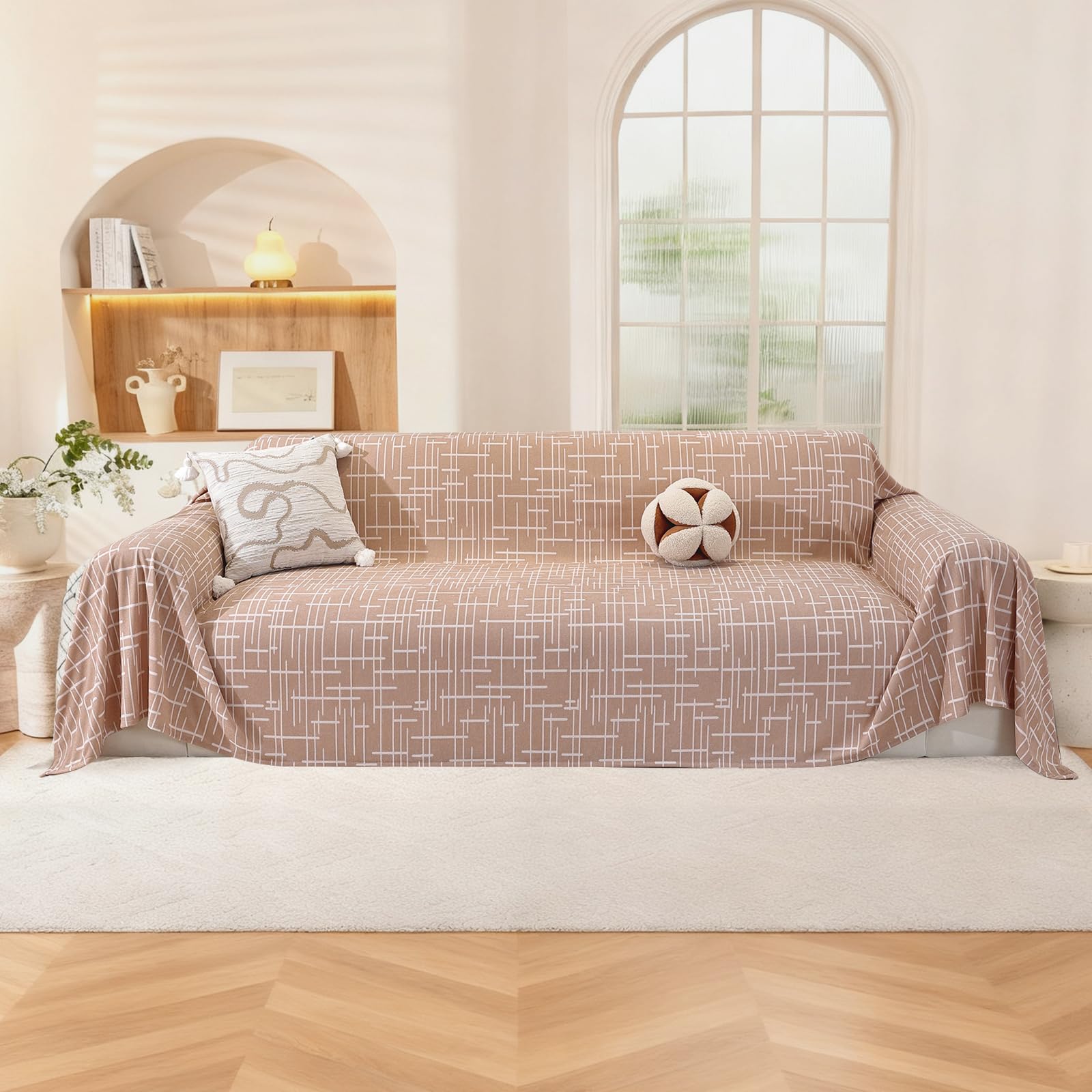 3 Seater Sofa Cover, 200 x 340 cm, Multipurpose Sofa Cover with Armrests, Sofa Cover for All Seasons, Stain-Resistant Sofa Cover, Camel
