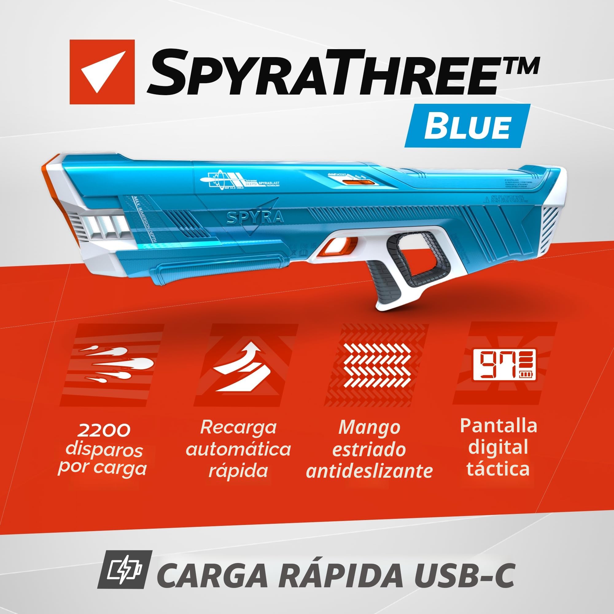 SpyraThree Potente pistola eléctrica de agua, recarga automática, 3 modos de juego, indicador LED de disparo y batería, alcance de 15 metros (azul)