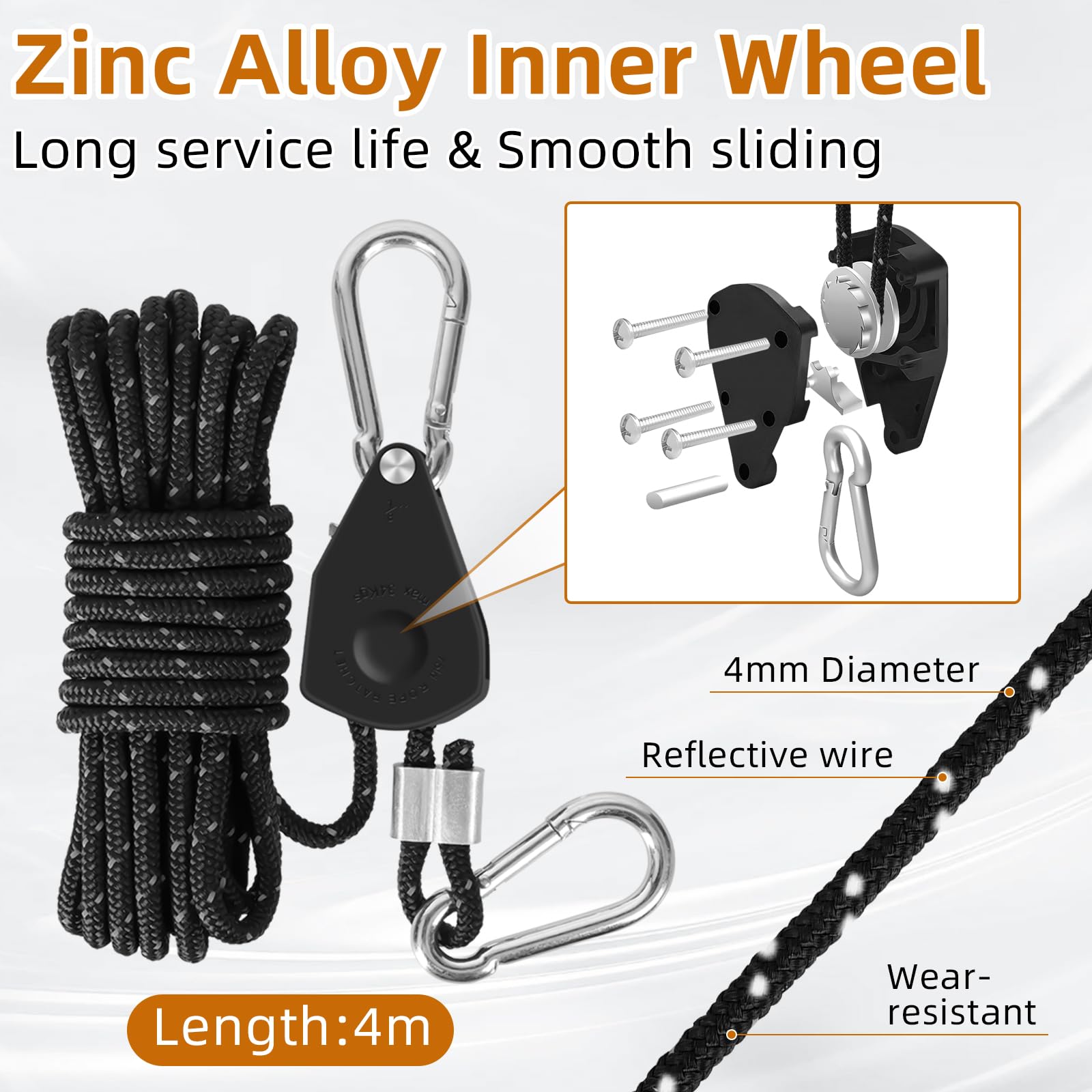 4 Pezzi Corda Per Tenda Riflettente, 4mm Corde A Cricchetto Con Ganci