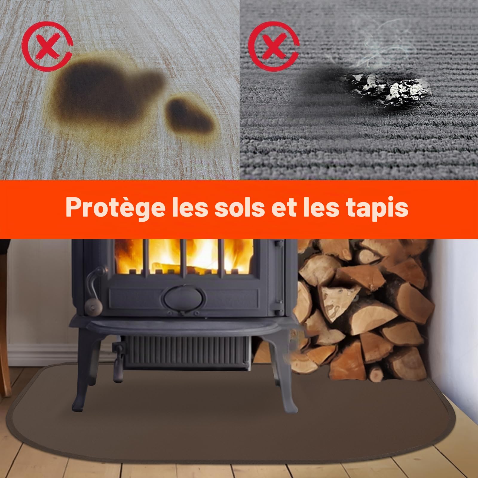 Tapis de cheminée résistant au feu, 80 x 50 x 0,1 cm, ignifuge, pour poêle à bois, cheminée, intérieur et extérieur, protège le sol contre les étincelles, marron