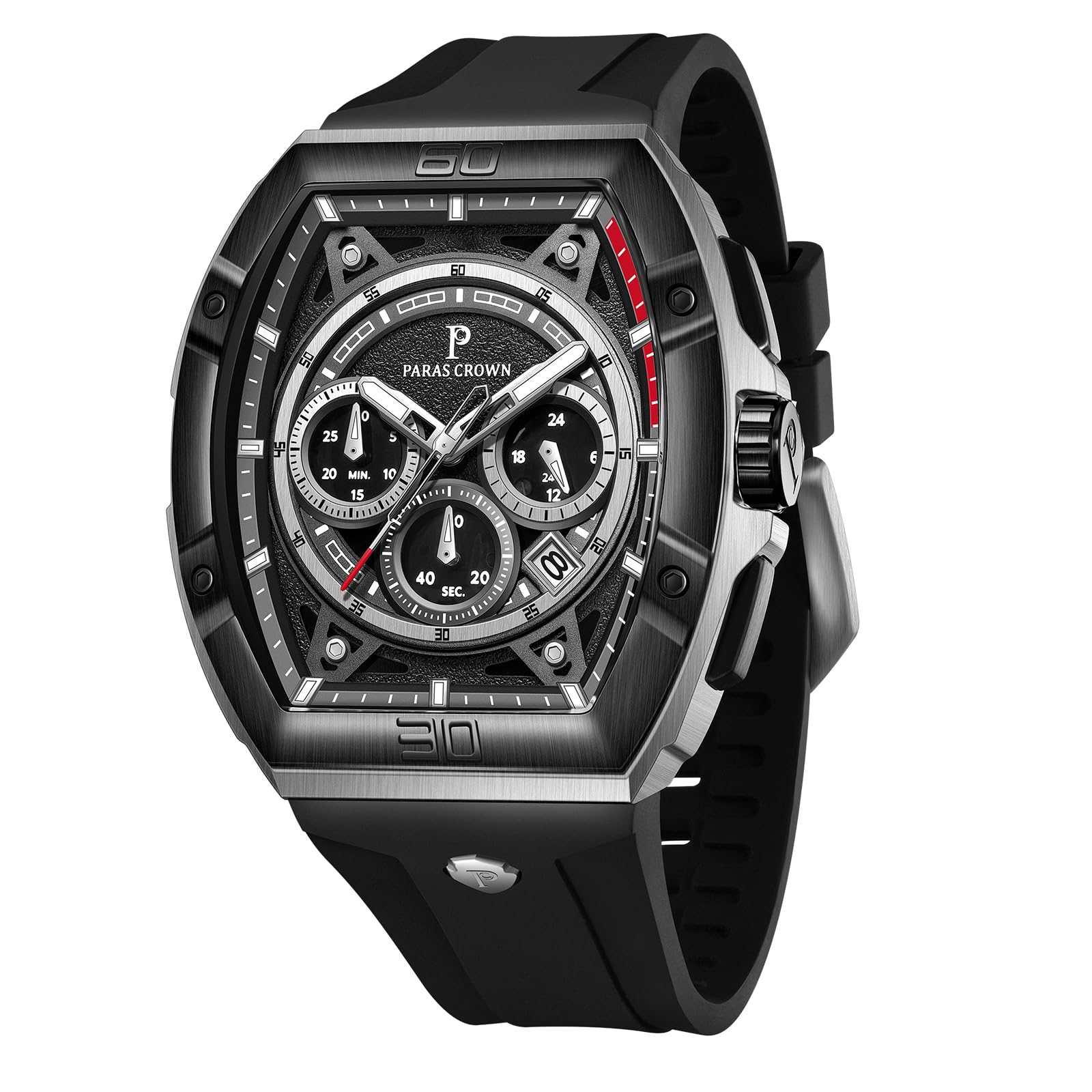 Paras Crown Watches for Men Tonneau 5ATM Waterproof Quartz Luxury Chronograph Analog Men's Wrist Watches Stainless Steel Case