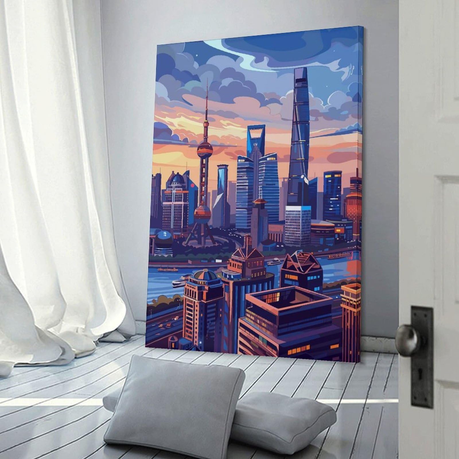Junmoney Shanghai Skyline(3) Canvas Wall Picture 24x36inch(60x90cm), for Picture Wall Styling in Lounge Or Bedroom, Decorative Artwork with Flexible Styling