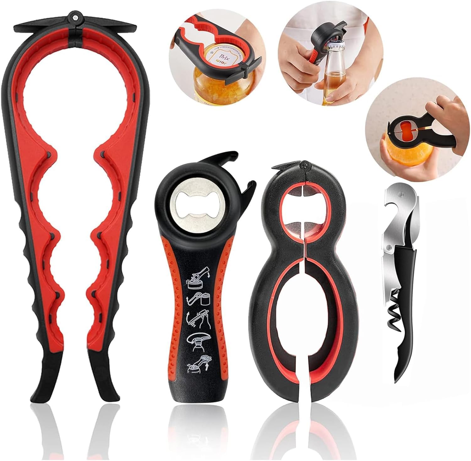 ZuelnoteJar Opener for Weak Hands, Seniors with Arthritis, Multi Function Bottle Opener Lid Opener For Arthritic Hands with Non Slip Rubber Jar opener Gripper Pad and Corkscrew Wine Opener (black)