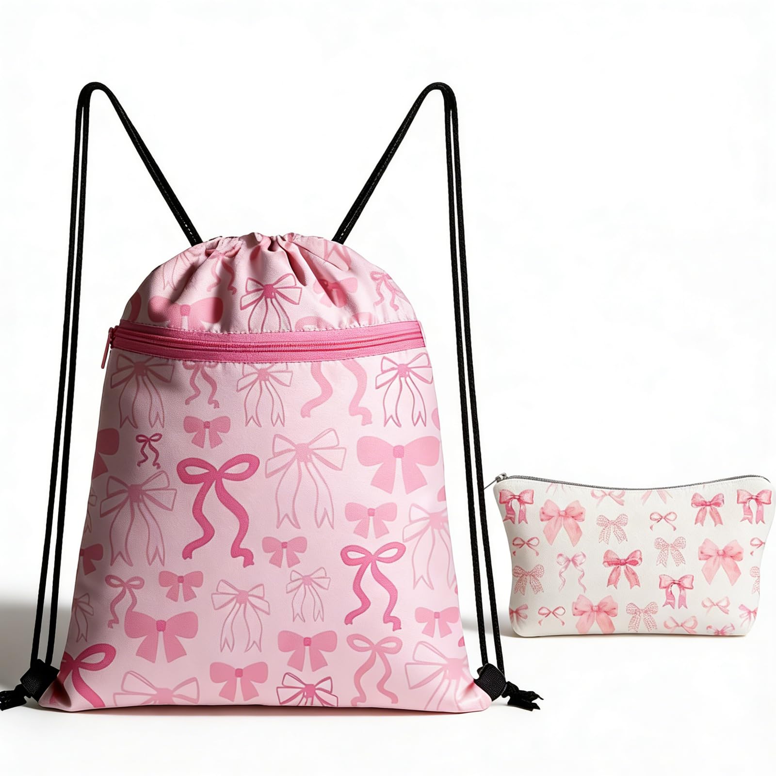 YciVhh 2PCS Swimming Bag, Drawstring Bag, Girls Swimming Bag with Pink Bow, Convenient Gear for Pool and Beach Activities, Ideal for Traveling, Fitness, Rock Climbing, Hiking and Picnicking