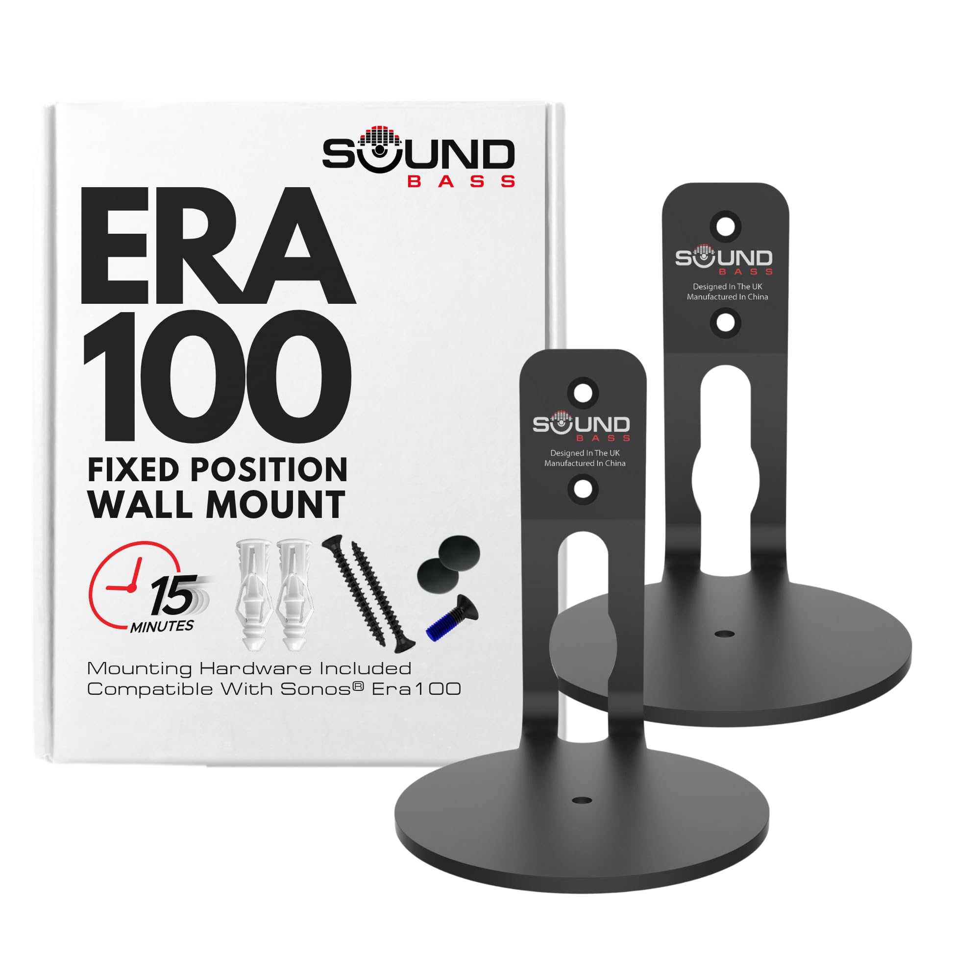 Sound Bass ERA100 Wall Mount Bracket, Low Profile, Black, Twin Pack, Compatible with Sonos ERA 100 Speaker, Complete with All Fixing Hardware