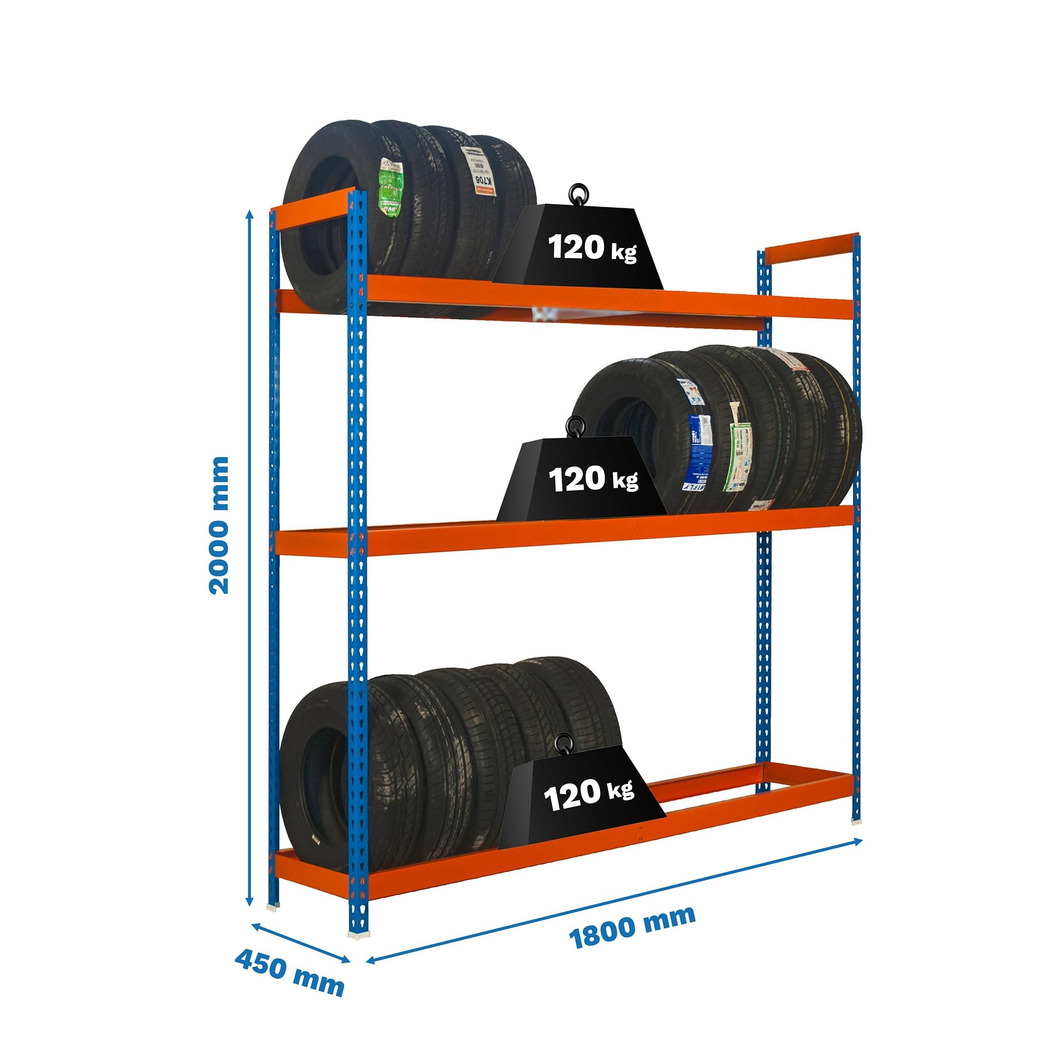 Simon Rack Estantería para Neumáticos, Soporte Neumáticos, 3 Niveles, Alta Capacidad Carga 120 kg, 2000x1800x450 mm, Estantería para 18 neumáticos, Azul/Naranja - Simonauto